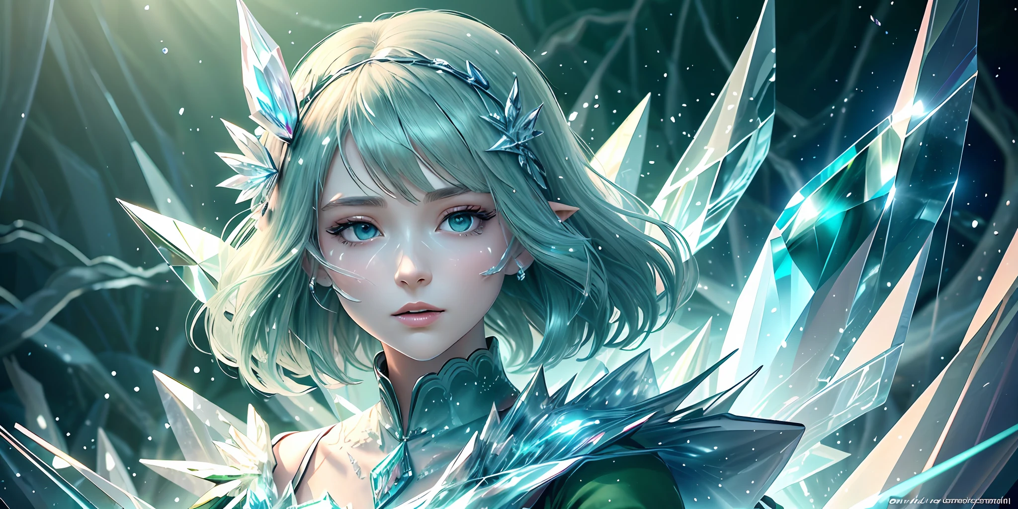(Masterpiece, Top Quality, Best, Official Art, Beautiful and Aesthetic, Long Exposure: 1.2), Smooth Movement, Charming Patterns, 1 Girl, (Long Dress with Sleeves: 1.3), (((Green Clothes) )), upper body close-up, bare shoulders, Chinese girl, blush, black lob hair, portrait, solo, upper body, looking at the observer, detailed background, detailed face, (crystallineAI, crystalline theme:1.1), elemental wood elf, rotation foliage, control foliage, emerald clothing, dynamic pose, floating particles, ethereal dynamics, foliage, vapor, forest in the background, green tint, forest, ethereal atmosphere,