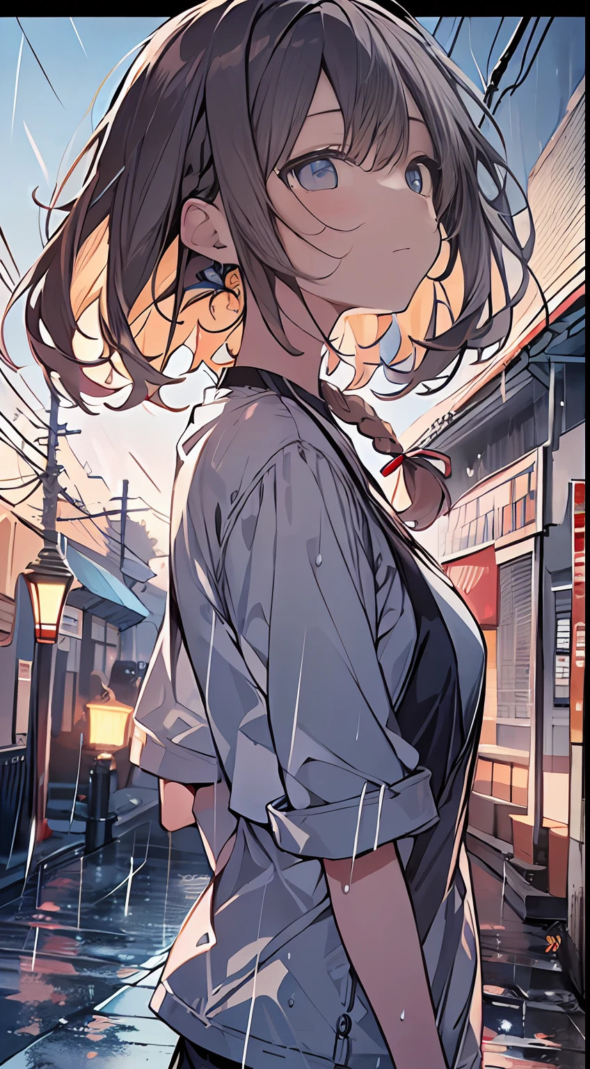 masutepiece, Best Quality,Illustration, Wallpaper, Ultra Detail, absurderes, 1girl in, Solo, (Medium short hair、short braided hair), Beautiful detailed eyes, after rain , (Street:1.3), Bright sky after rain、Hair that flutters in the wind