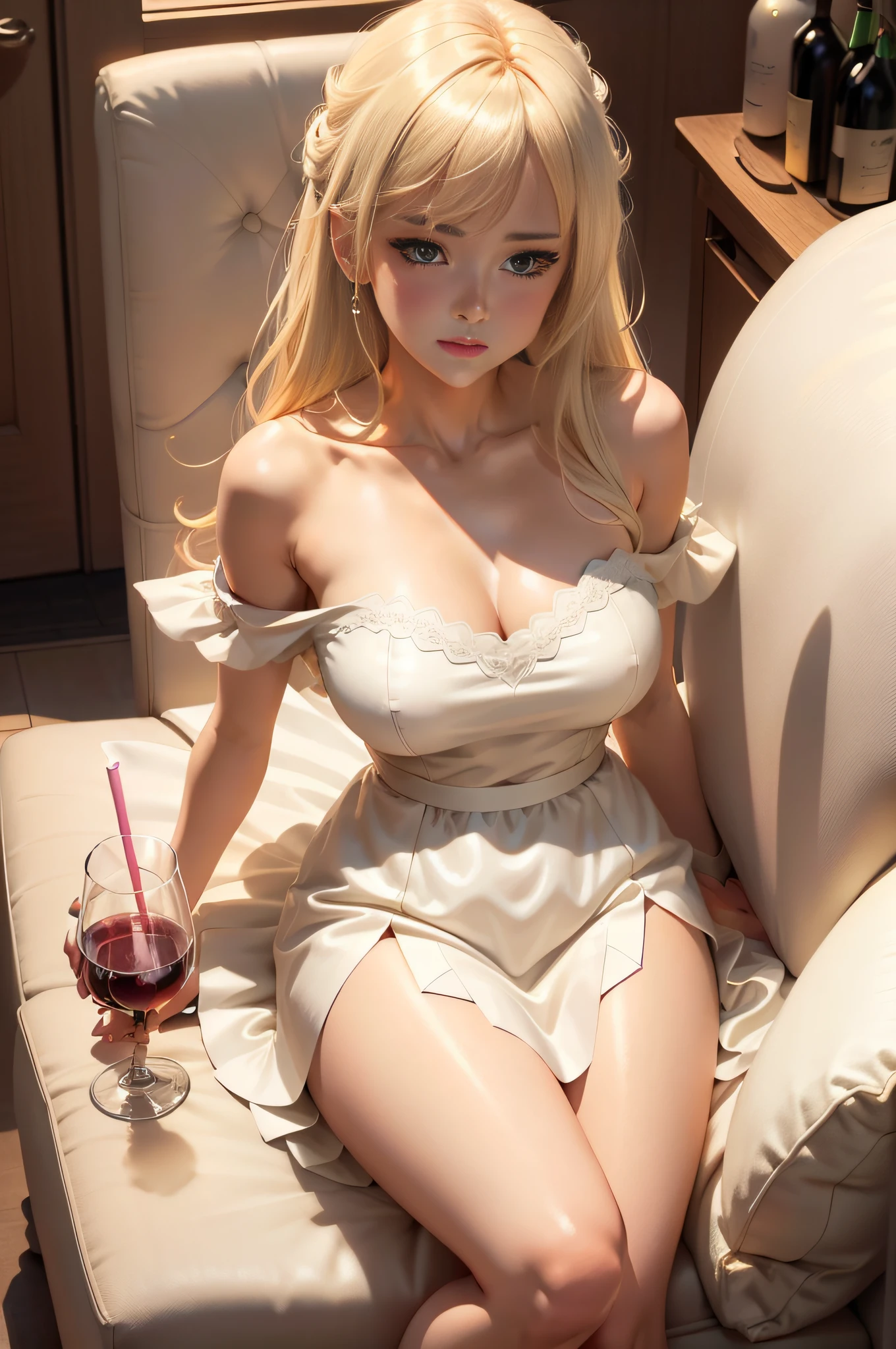 plz find it in instruction, Blonde woman in white dress sitting on sofa drinking a glass of wine, Perfect body proportion, beautiful and seductive anime woman,Look at the camera, Hilarious pub background，Extremely detailed Artgerm, tmasterpiece, anime illustration,  High detail,  drinking a drink