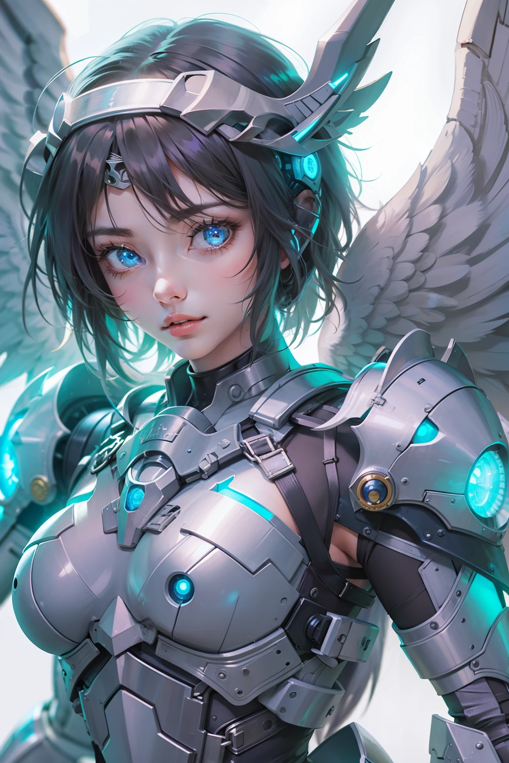 (masterpiece), (best quality), 1girl, battle angel, female warrior with angel wings, battle field, portrait, close-up shot, (blue glowing eyes), cyborg armor