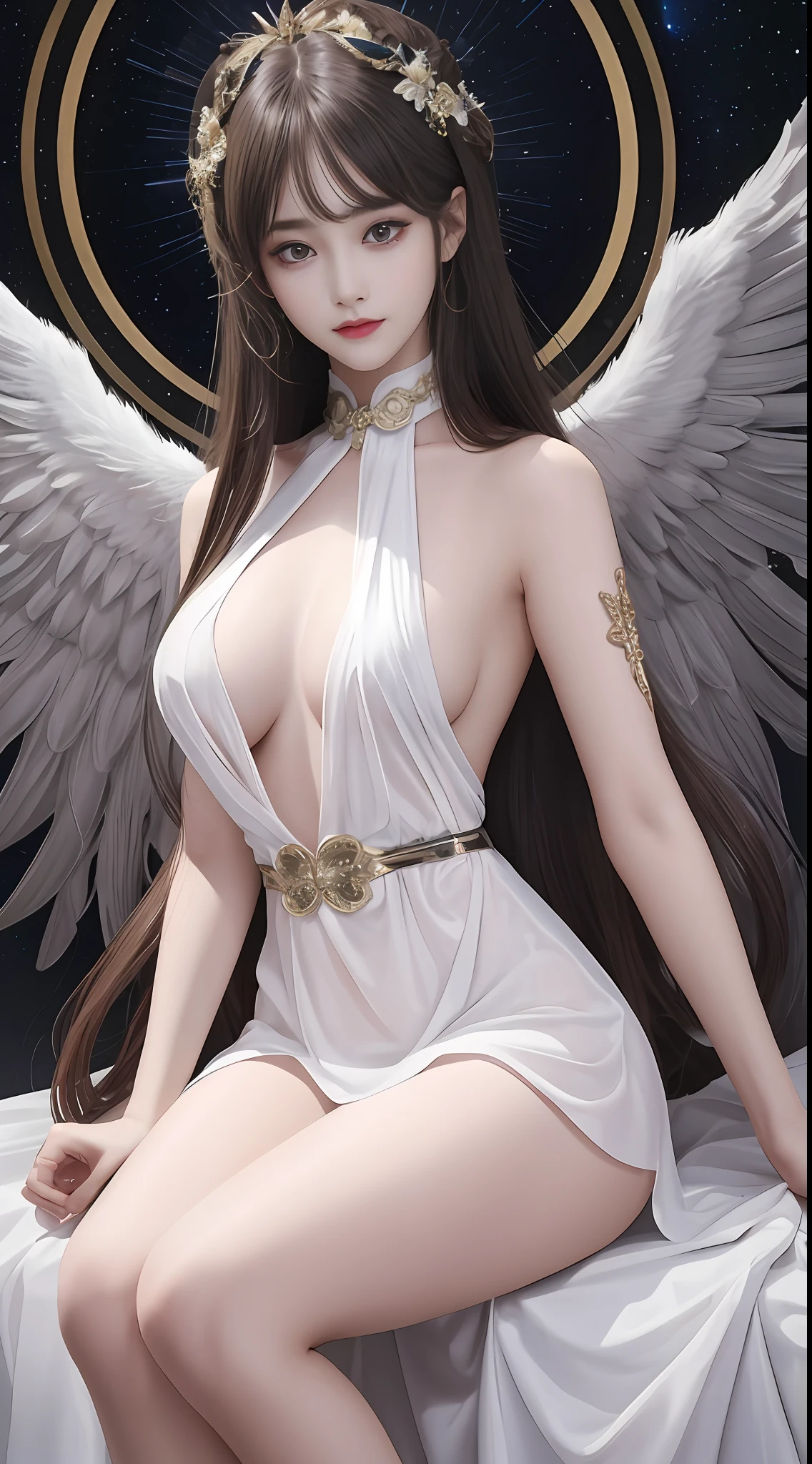 Ultra-realistic 8K CG, perfect face, perfect, clean, masterpiece, professional artwork, famous artwork, perfect face, beautiful face, beautiful eyes, black cleric suit, lace, open brests, beautiful black clothes, angel wings, delicate pattern, y pose, sitting, Fascinating, galactic space background, big moon in the back, flapping wings