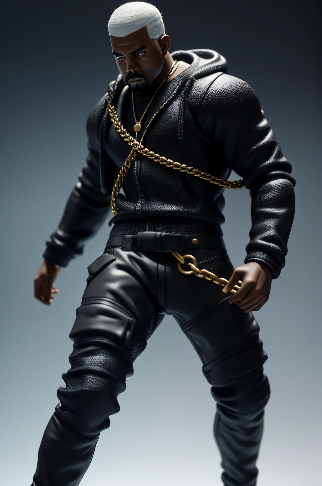Close-up da action figure do kanye west, arte conceitual ultra realista, kanye west rosto, design monstro, arte conceitual altamente realista, hyperreal rendering, arte conceitual hiperrealista, action figure, arte conceitual hiperrealista, trending on polycount, Product rendering, ultra realistic 3d illustration, 3 d product render, boneco, hyper realistic detailed rendering, action figure do ye