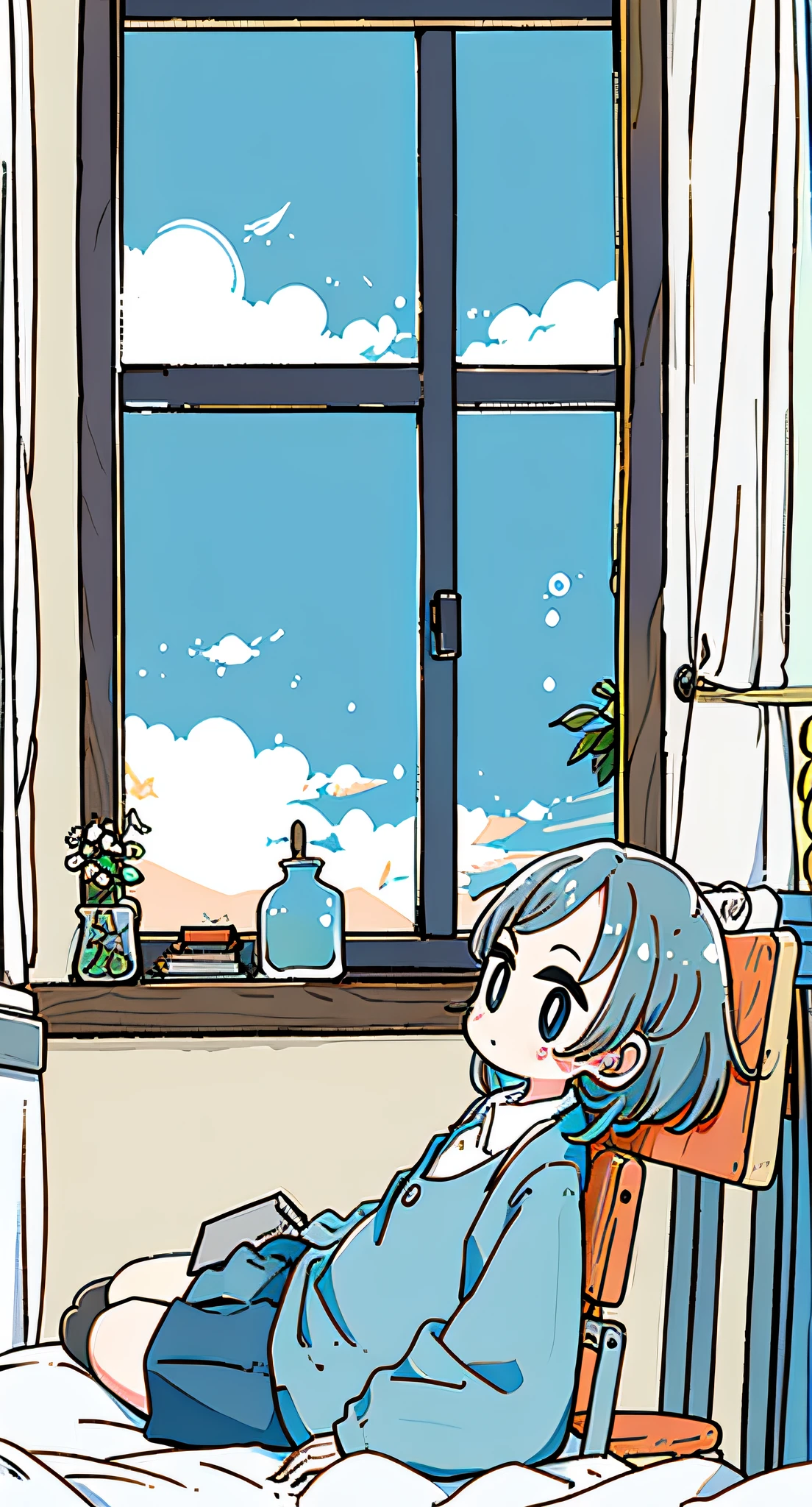 Classrooms with neat desks and chairs，（Look from the bottom up），There are blue skies and white clouds outside the window and buildings in the distance，（The sky outside the window occupies the top half of the picture（1：1））Sunlight is projected through the windows，1boy sat at his desk and propped his cheeks in thought，ultra - detailed，Anime comic style