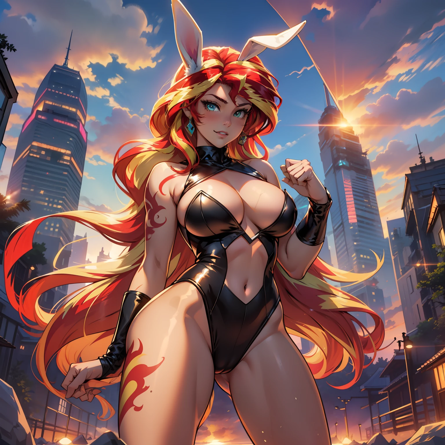 Sunset Shimmer, Sunset Shimmer from My Little Pony, Sunset Shimmer as Girl, Long Hair, Luxurious Hair, Lush Hair, five fingers, detailed hands, two hair tones, red and yellow hair, solo, one character,Fighting stance, Full body visible, Big Breasts, Bulky Breasts, Lush Breasts, Playboy bunny, bunny suit, bunny ears, leotard