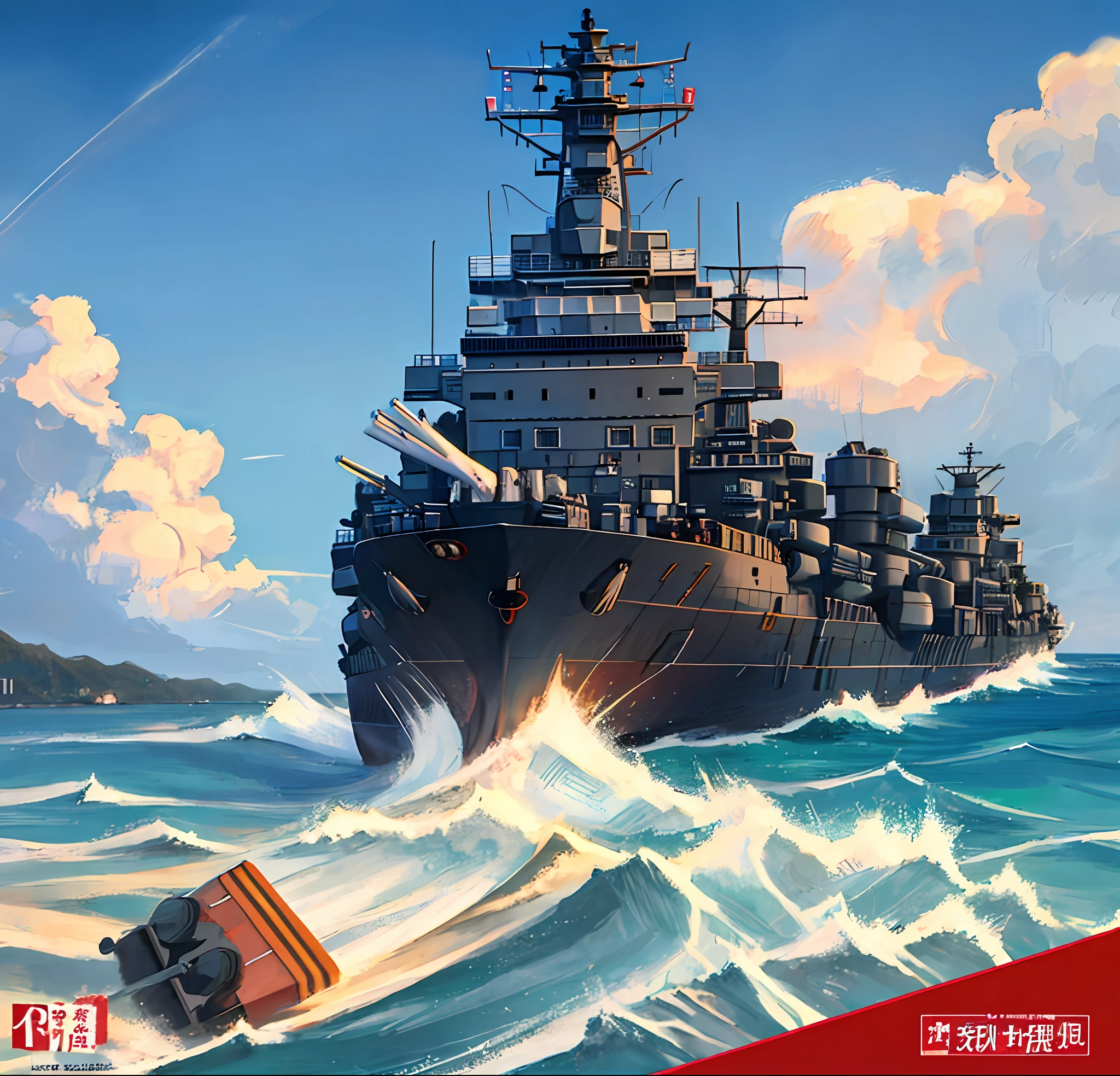 Very detailed promotional poster,pop-art,typographic,Vintage paper,trichotomy,hyper HD,Conscription poster,mtu,Spirited Japanese,the ocean,ukiyoe painting,warships,setting sun,Sunset over the sea,Yamato,Japanese Navy in World War II。