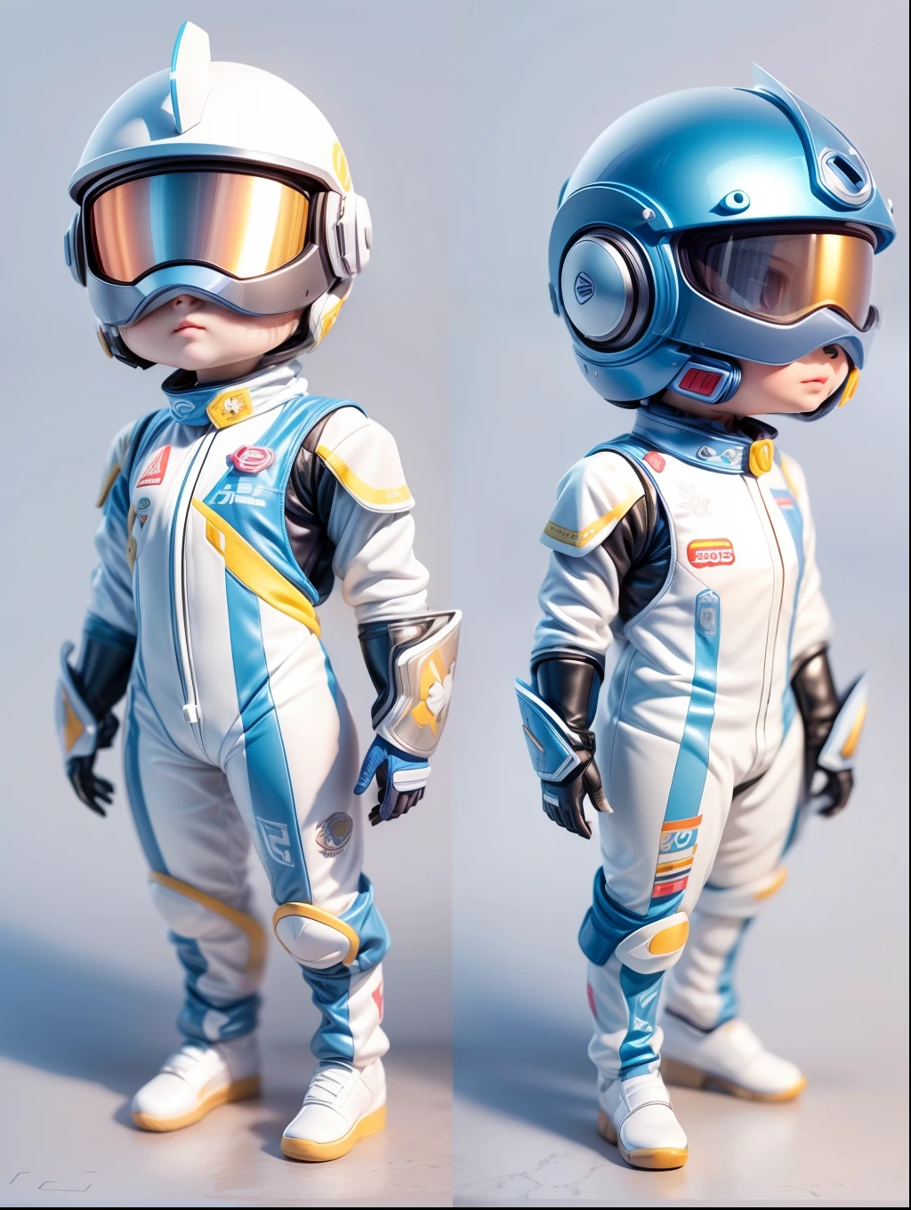 "(Blind box toy style:1.2)（full bodyesbian）,1 cute metal male racer：1.2，Opaque helmet：1.2，Delicate dirty racing suits：1.3，Mechanical style,dreamy glow,Dirty,Clean white background,Blue and white style,（circular base：1.2）,(Global illumination,Ray tracing, hdr, unreal render,reasonable design,High detail,Masterpiece,Best quality,hyper HD,Cinematic lighting)"