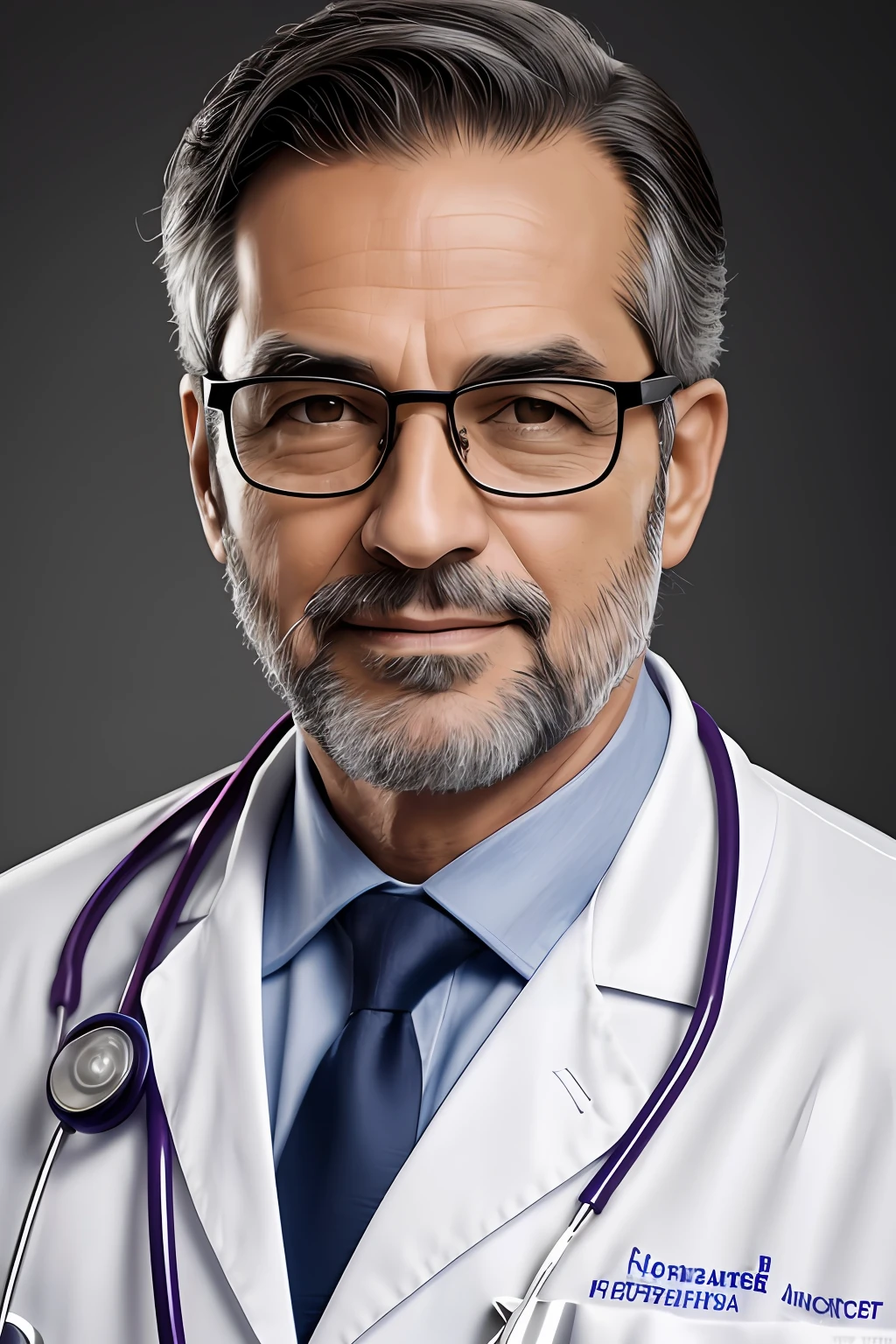 a front portrait for document of a middle-aged doctor wearing glasses, com rosto e pele altamente detalhados. ele tem barba e cabelos grisalhos, Dressed in an immaculate white medical coat, and a stethoscope hanging from his neck. The image will be ultra-realistic, with studio lighting and neutral background to emphasize the doctor's professional appearance.
Nesta obra, The doctor's face will be meticulously rendered, capturing every wrinkle and expression. The beard and gray hair will add a touch of wisdom and experience to your appearance.
The glasses he wears will be intrinsically detailed, with reflections on the lenses and frames of thin metal, aumentando o realismo do retrato.
Your white medical coat will be depicted with remarkable attention to detail, mostrando a textura do tecido e quaisquer vincos que ocorrem naturalmente durante o uso.
The stethoscope around your neck will be carefully designed, with every curve and detail accurately represented, melhorar ainda mais a autenticidade da imagem.
The lighting in the portrait will be from a studio setting, Projecting soft shadows on the doctor's face and coat, Criando um efeito tridimensional realista.
The fund will be kept neutral, ensure that the doctor is the focal point of the artwork.
The final illustration will be in UHD resolution, allowing viewers to appreciate the fine detail and precision in the portrayal of this qualified and compassionate medical professional. The image will evoke a sense of trust and professionalism, capturing the essence of a dedicated and experienced physician.