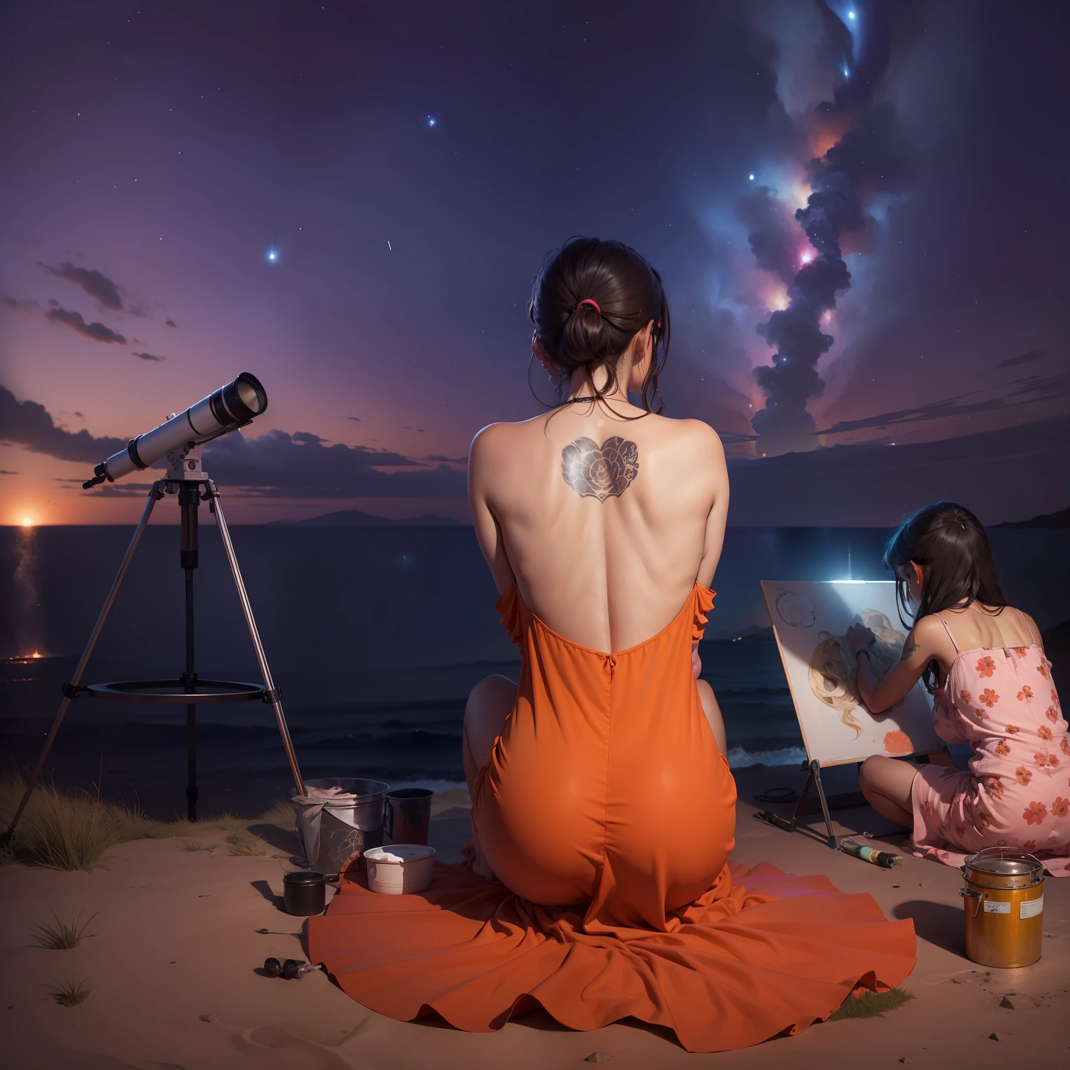 A girl draws while her mother has her bare back, Elle porte une robe, She watches meteors and meteors descend from the sky through the telescope., and comets facing the sea Large telescope tattoo on mother's back Add a paint bucket with a set of paintbrushes