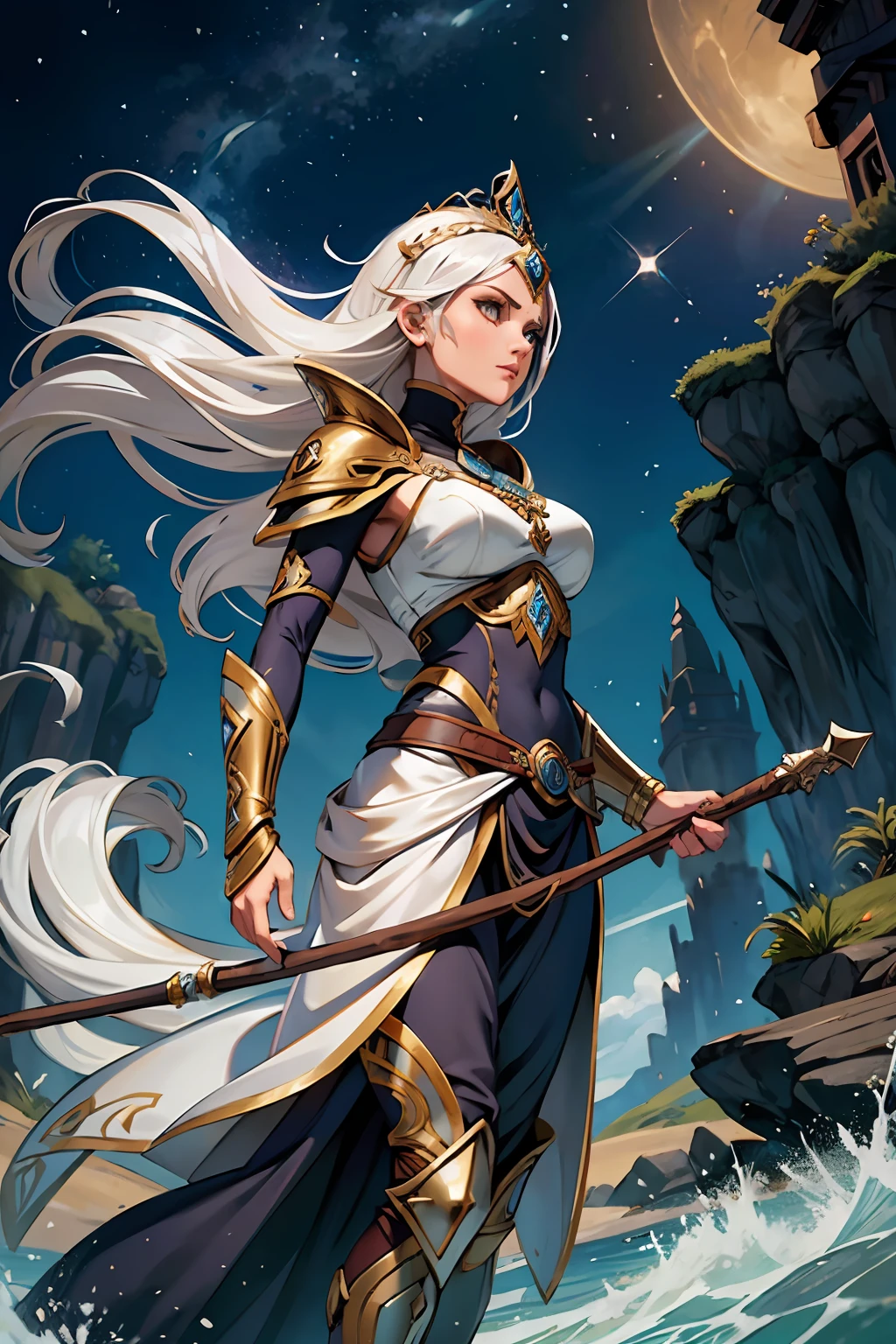 RPG, ((uma elfa)), muito bonita, pele branca, sardas no rosto, flowing white hair, elegante, aventureira feiticeira, aventureira, corpo esguio, wooden stick in hand, armadura elegante e bem acabada