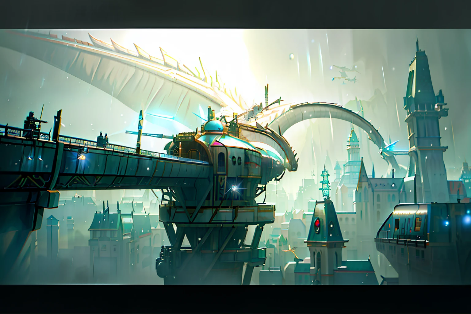"((tmasterpiece)), (Cinematic lighting), The girl rides a long white dragon,Fly around the city,The light rail train flew alongside her。high detal, 8K, Blade Runner art style, Rainy days, panoramic lens, Cinematic tones, Film texture, cinematic compositions, Spielberg"