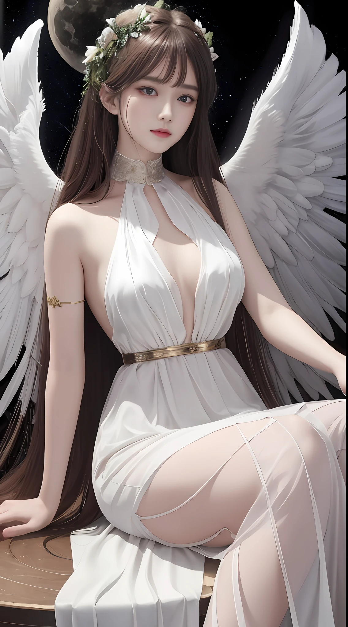 Ultra-realistic 8K CG, perfect face, perfect, clean, masterpiece, professional artwork, famous artwork, perfect face, beautiful face, beautiful eyes, black cleric suit, lace, open brests, beautiful black clothes, angel wings, delicate pattern, sitting, Fascinating, galactic space background, big moon in the back, flapping wings