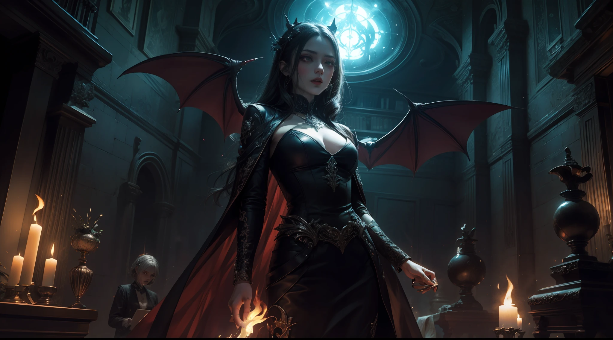 (Extremely detailed Cg Unity 8K wallpaper,Masterpiece, Best quality, Ultra-detailed, Beautiful detailed eyes:1.2),Best illumination, (Best shadow, An extremely delicate and beautiful, full bloom), Mature woman,Vampires，Large breasts，leather clothes，complex patterns，magia,Film filter, Hellfire,full bodyesbian,demon,Flame,palaces，dramatics，dynamicposes，illusory engine， (High detail: 1.9)，seele，the bats，crystal sphere，mystic symbols
