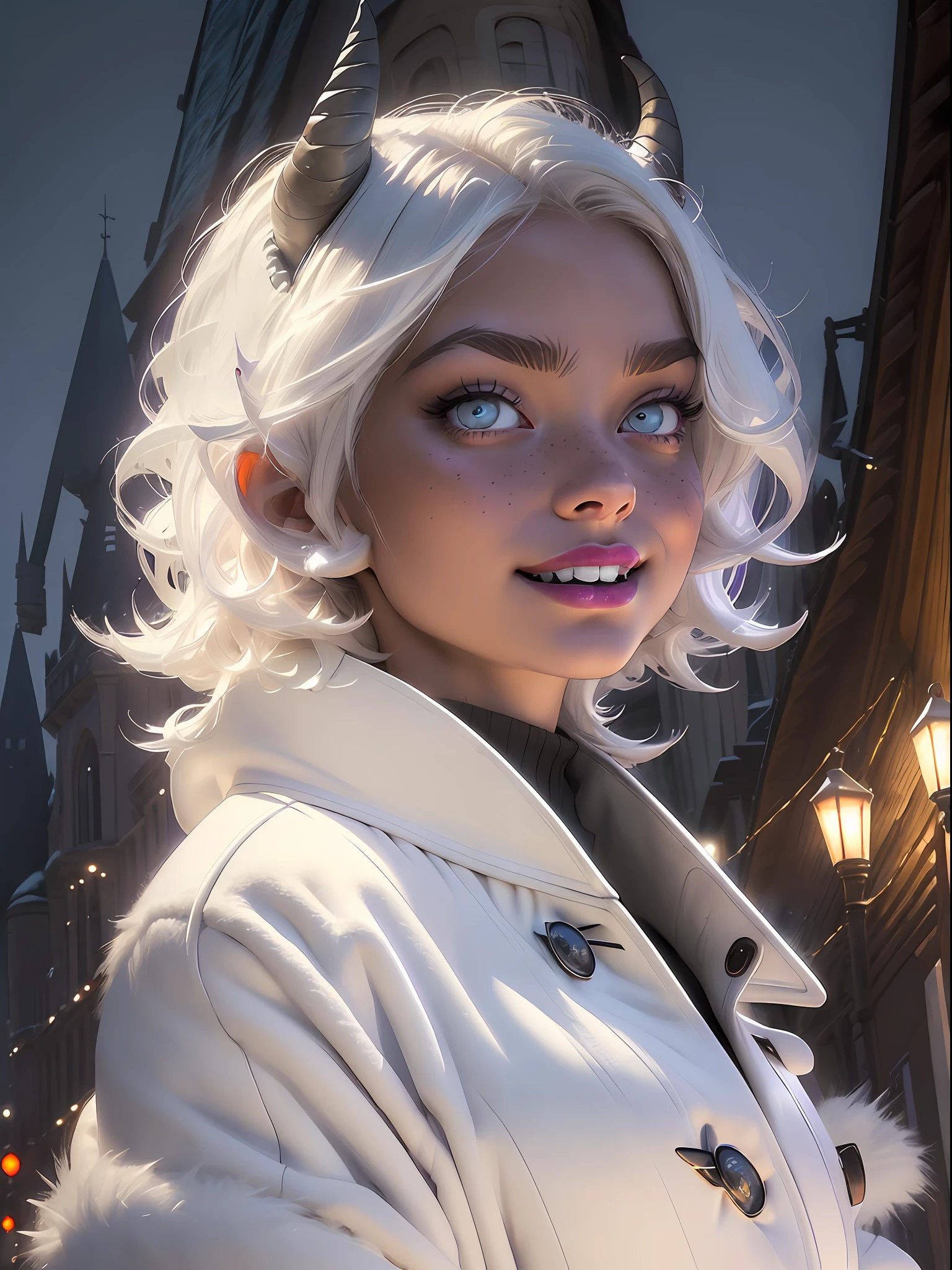 (masterpiece, absurdres, high-quality, best quality, ultra-detailed, beautiful), perfect eyes, perfect face, perfect lighting, textured skin, beautiful detailed face, (detailed face:1.4), beautiful detailed eyes, ambient light, realistic shadows, beautiful detailed pupils, cute, 1girl, solo, solo focus, beelzebub, short hair, white hair, demon girl, demon tail, freckles, red eyes, white horns, purple lipstick, lips, blush, white fur coat, (white fur-trimmed coat:1.3), outdoors, street, (night:1.2), cars in the backgrounds, Headlights, church in the background, lights, moon, looking at viewer, walking, smiling, from the side, full body, rich, expensive, jewelry