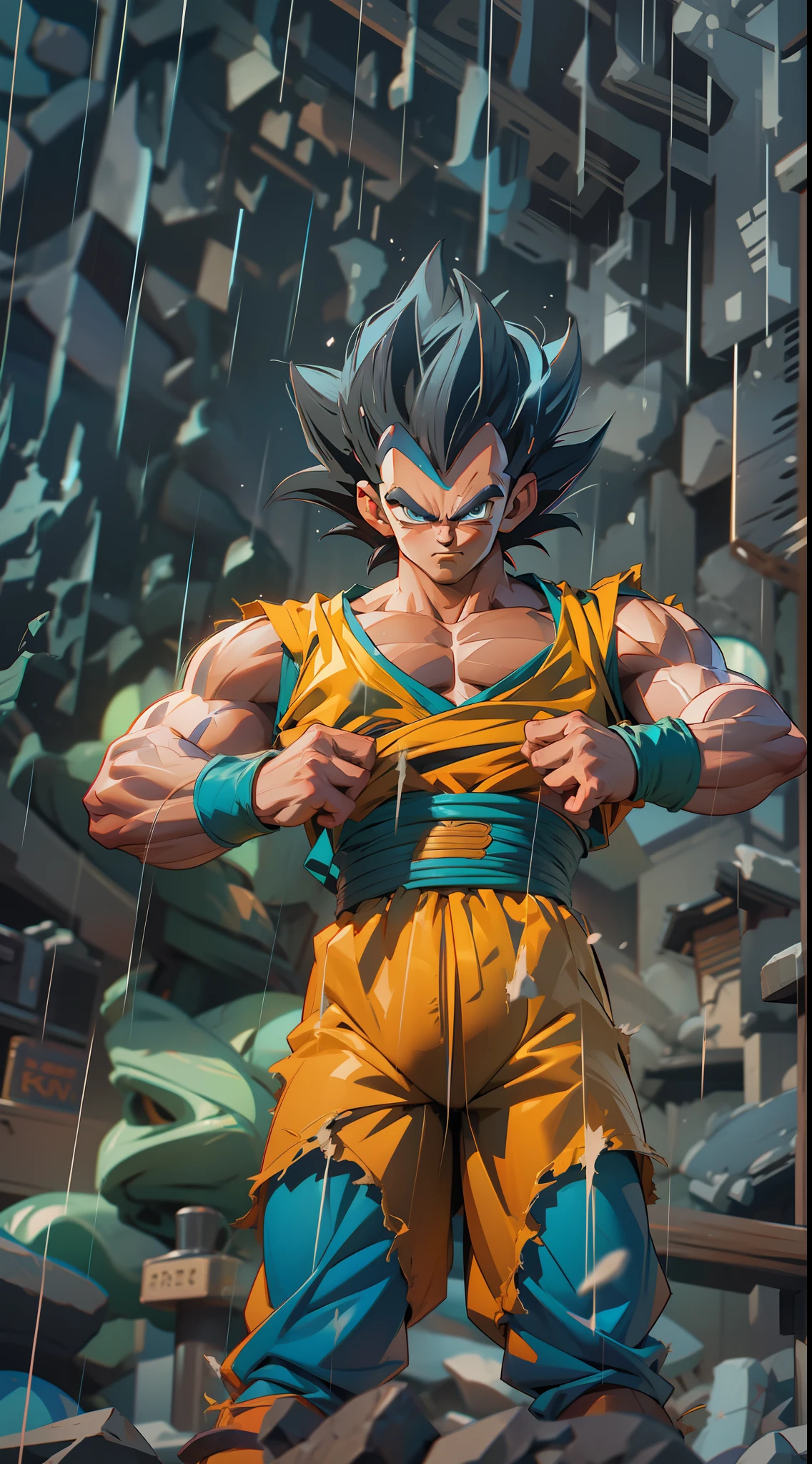 dragon ball super vegeta and goku, super strong, muscular, raining, 35mm lens, photography, ultra details, precise texture details HDR, UHD,64K,