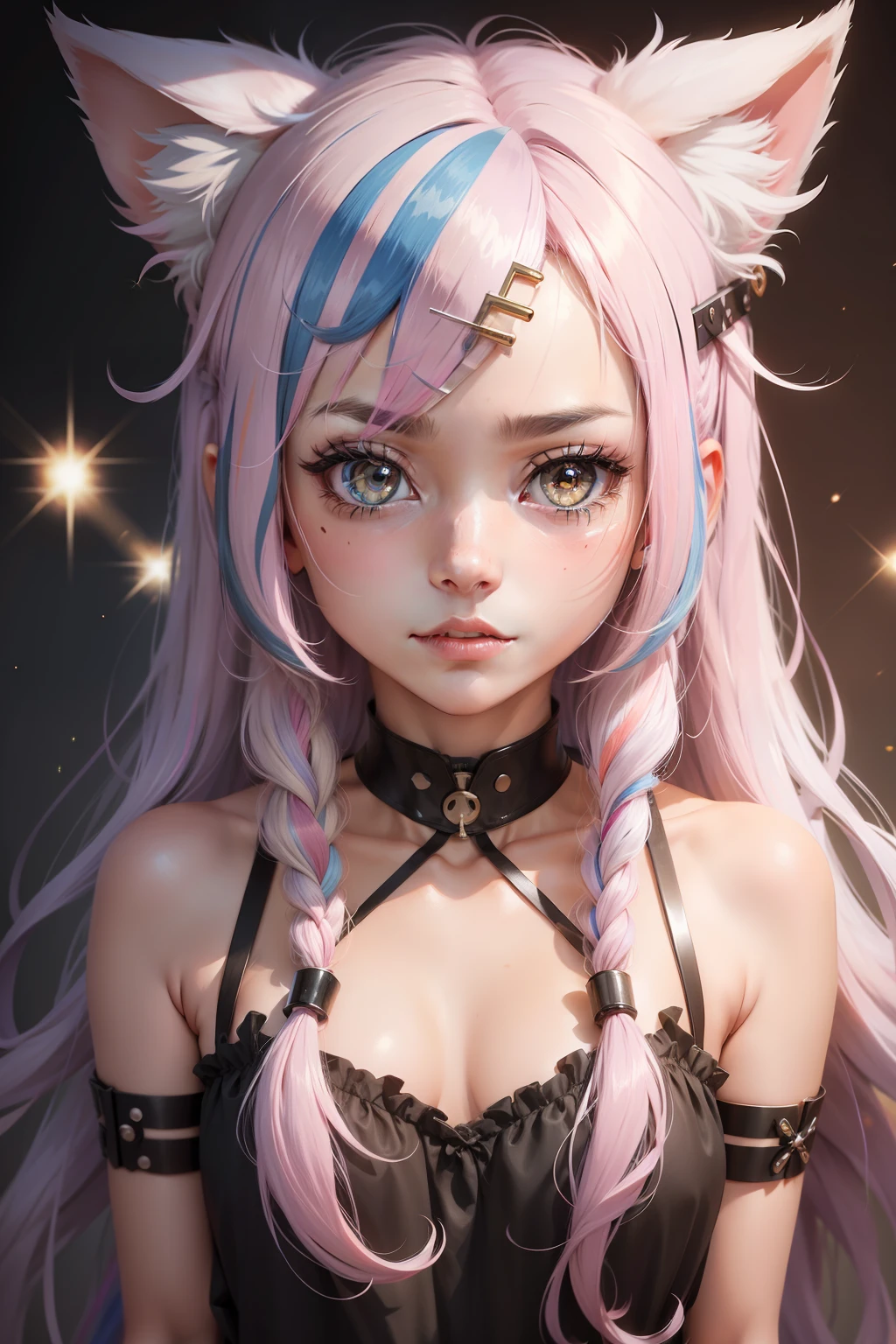 streaked hair, hairpin, mismatched pupils, animal ears, shy, blind box toy style, sparkle, UHD, masterpiece, ccurate, textured skin, best quality