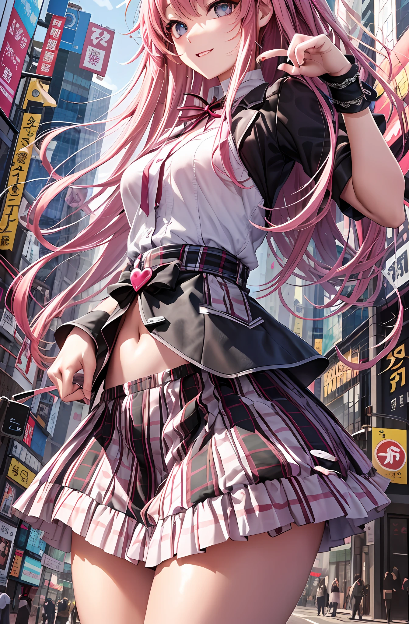 Portrait Art 15。(4 finger,Thumb、Carefully written hands and fingers)、Pink hair。length hair。pleatedskirt。Camisole。耳Nipple Ring。Heart-shaped chest。Happy look。In the city of Shibuya。gust of wind:1.5。pantiy、Cute string panties