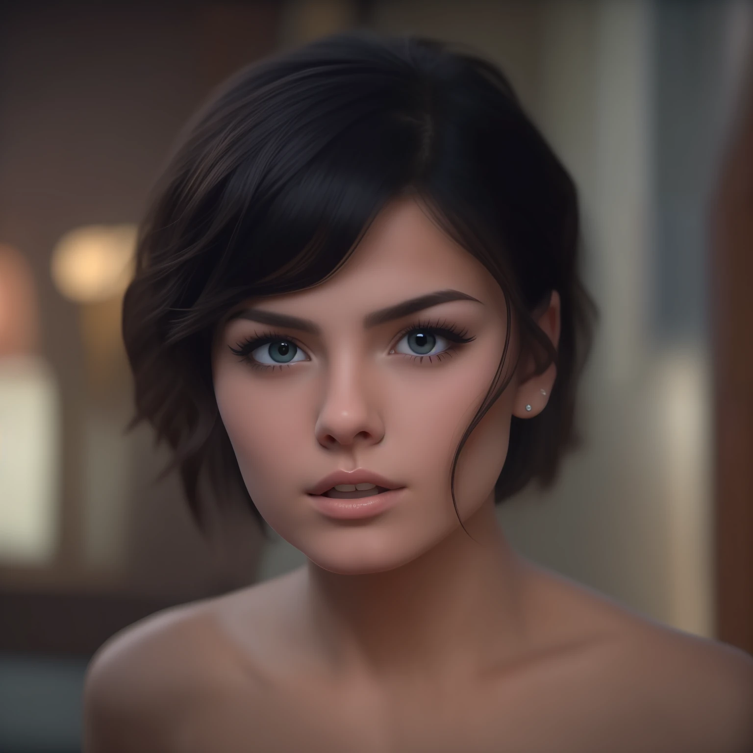 Maintain eye contact whot a beautiful, short black haired girl, sexy, fell in love, detailed face, frecles, closeup. sweaty,