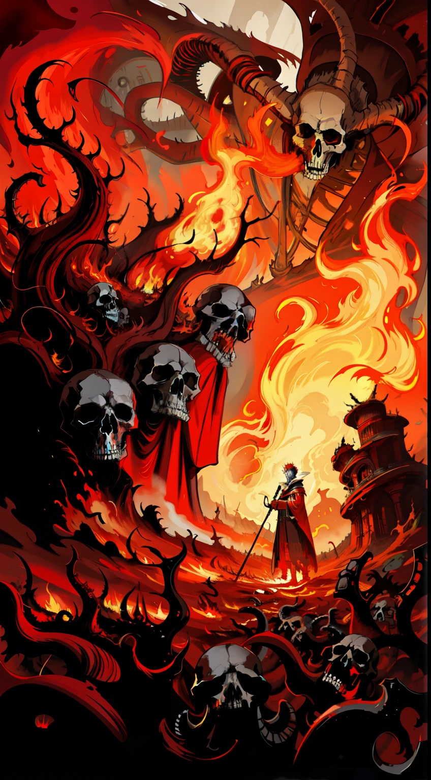 The image, digital illustration like oil realistic painting, depicts a man in the hell, standing in front of a field of skulls, horror-fantasy, vlack famtasy, inferno, chaotic beautiful, surrounded by flames and smoke.This artwork is a surreal dark fantasy painting. It depicts a man standing in front of a burning forest surrounded by a large number of skulls. The man is wearing a red robe and holding a staff in his hand, and he is standing in front of a large number of skulls on the ground.The colors used in this image are red, black and white.( hyper insanely detailed), high-res, world prestige