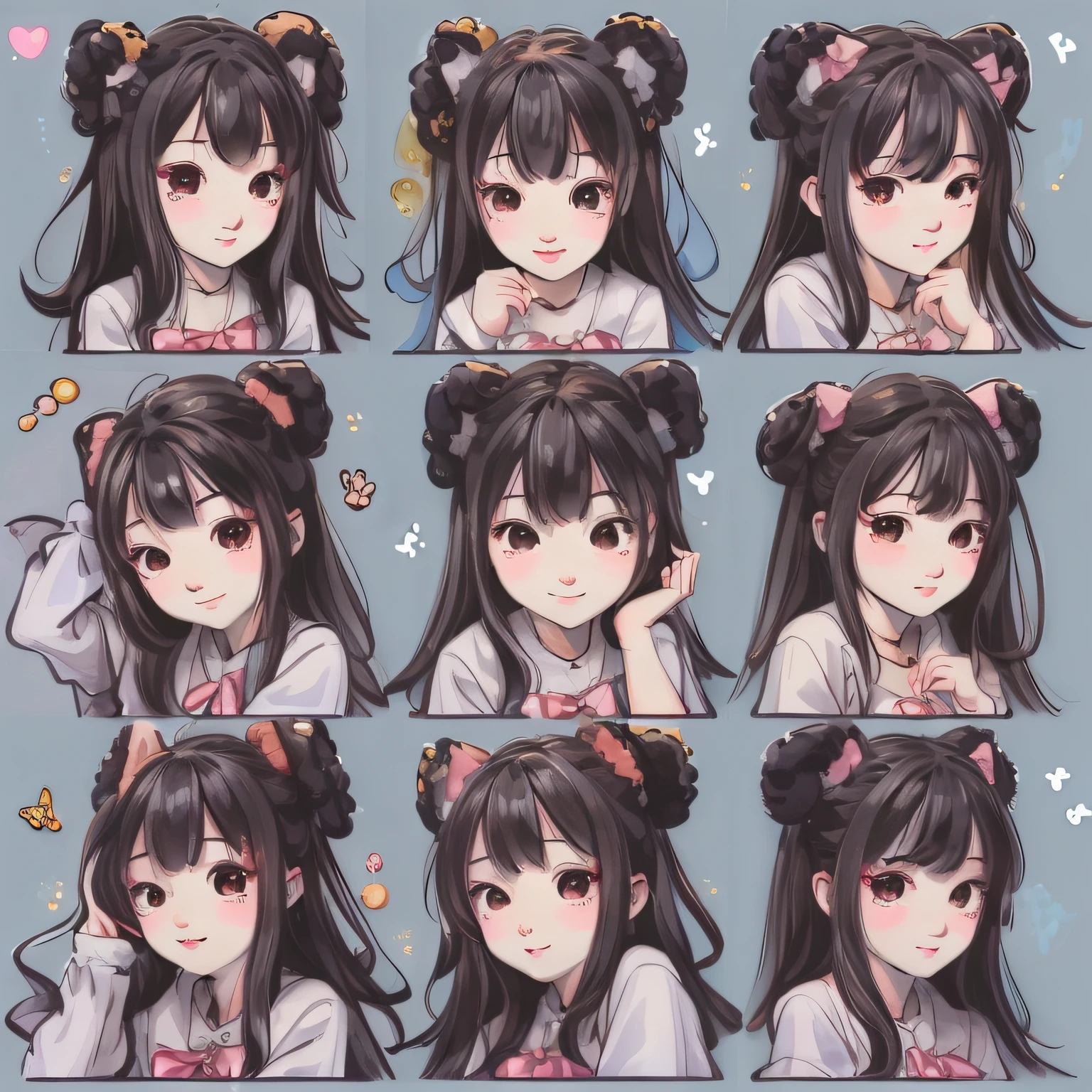 a close up of a person with different expressions on their faces, anime moe art style, adorable expression, lovely art style, cute anime girl portraits, Cute anime girl portrait, cute anime face, Cute anime style, Cute natural anime face, extremely cute anime girl face, Cute anime girl, Kawaii realistic portrait, cute kawaii girls, portrait of cute anime girl, cute faces，Cute girl avatar，emoji pack，whitehair，cat ear，(9 emojis，emoji sheet，Align arrangement)，9 poses and expressions（Grieving，astonishment，having fun，excitement，big laughter，Angry，doubt，Touch your head，Sell moe, wait），Anthropomorphic style，Disney style，Black strokes，Different emotions，9 poses and expressions，8K