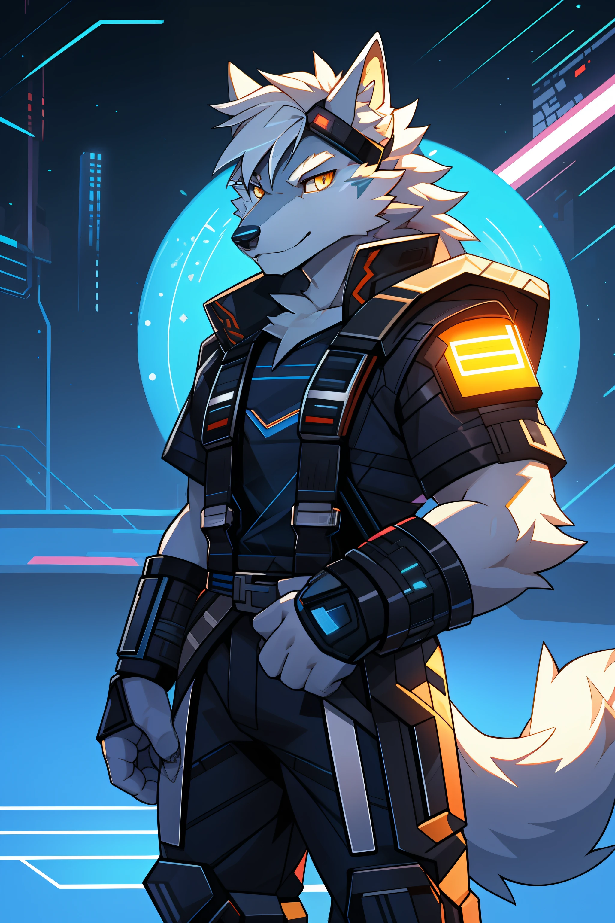 cyber punk perssonage，epcot，Tech style，solo person，White body，White ears，White hair，Overall white，Orange-yellow eyes，Wolf tail，Wolf orcs，Young，Wear a short-sleeved shirt，Ultra-clear screen，Soft lines