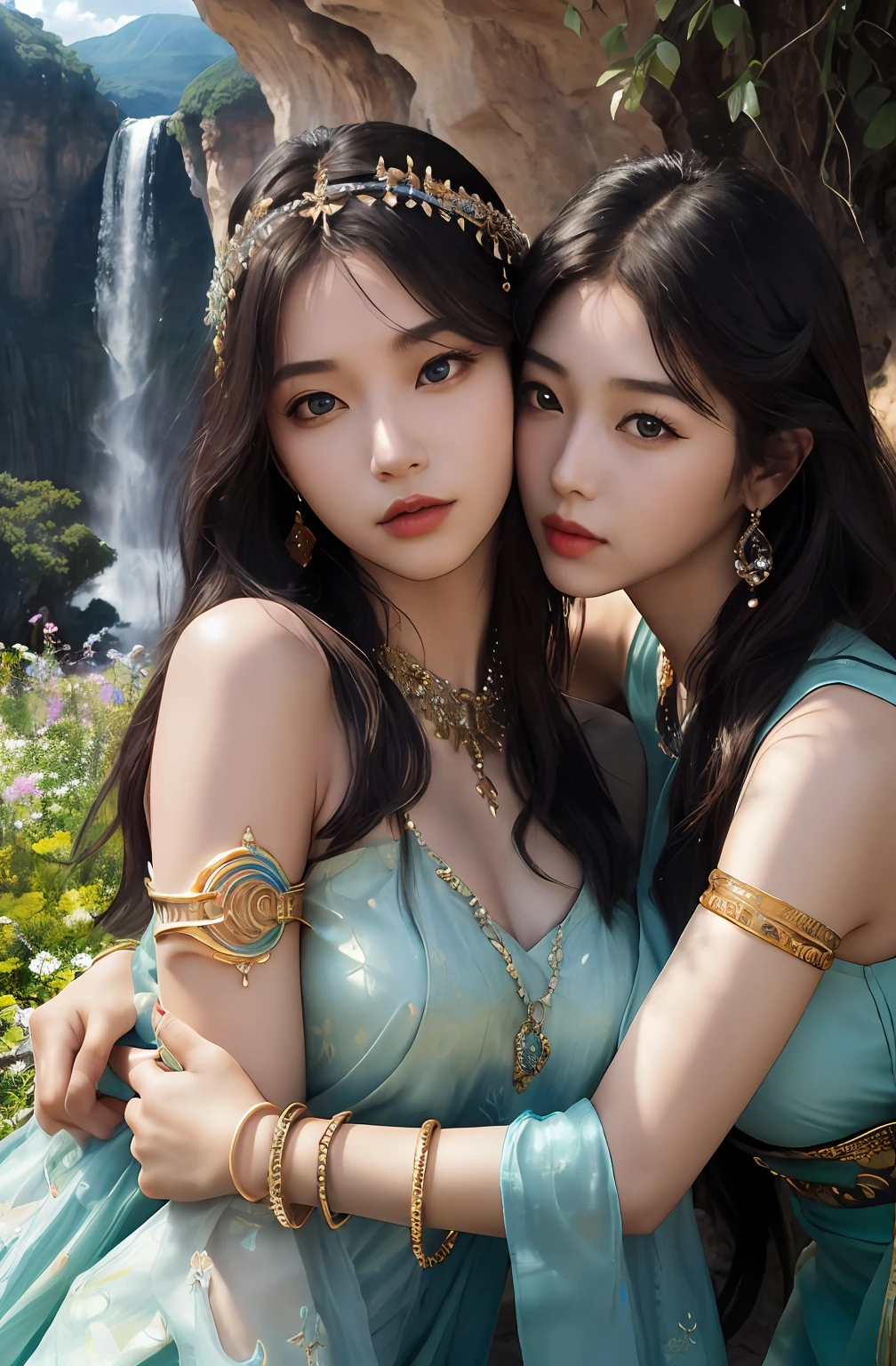 ((Realistic:1.5)),Ulzzang-6500:1.4,((Best quality)), ((Masterpiece)),((Detailed)),2girls,duo,{2 beautiful women}, (Upper body:1.3),Hug and touch each other, Tease your friend's waist, Breathless friends, Biting a friend's earlobe, crouched,super wide shot,Face focus, Long legs,Curvy, Barefoot,Wide hips, Thin legs, Oversized eyes,Long eyelashes, (Detailed face,beautidful eyes, detailedpupils,detailed clothes features, Clear background:1.3), (armlets, bangle:1.3), Mysterious ancient ruins, floresta exuberante, Deep canyon,bridge,River,cliff,Cloud,lakes,Rock music,Waterfalls, Flowers, Grass,grape trees,tree,bright detail,Sharp,Perfect compounding, Intricate, Sharp focus, Dramatic,