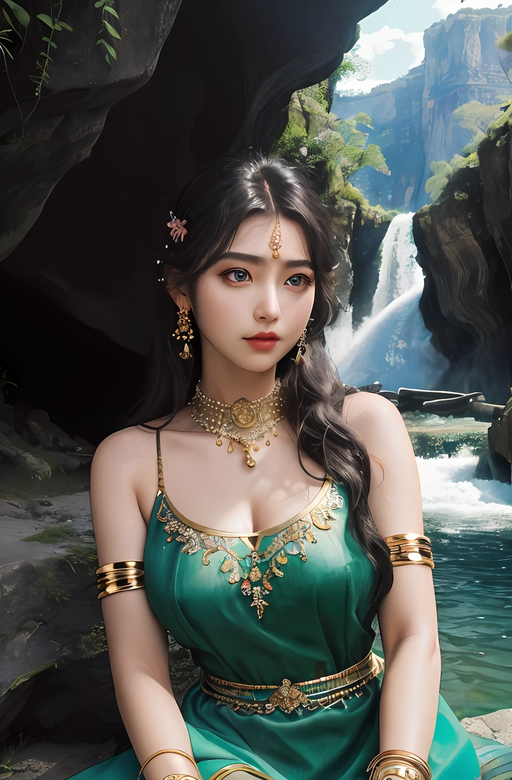 ((Realistic:1.5)),Ulzzang-6500:1.4,((Best quality)), ((Masterpiece)),((Detailed)),2girls,duo,{2 beautiful women}, (Upper body:1.3),Hug and touch each other, Tease your friend's waist, Breathless friends, Biting a friend's earlobe, crouched,super wide shot,Face focus, Long legs,Curvy, Barefoot,Wide hips, Thin legs, Oversized eyes,Long eyelashes, (Detailed face,beautidful eyes, detailedpupils,detailed clothes features, Clear background:1.3), (armlets, bangle:1.3), Mysterious ancient ruins, floresta exuberante, Deep canyon,bridge,River,cliff,Cloud,lakes,Rock music,Waterfalls, Flowers, Grass,grape trees,tree,bright detail,Sharp,Perfect compounding, Intricate, Sharp focus, Dramatic,