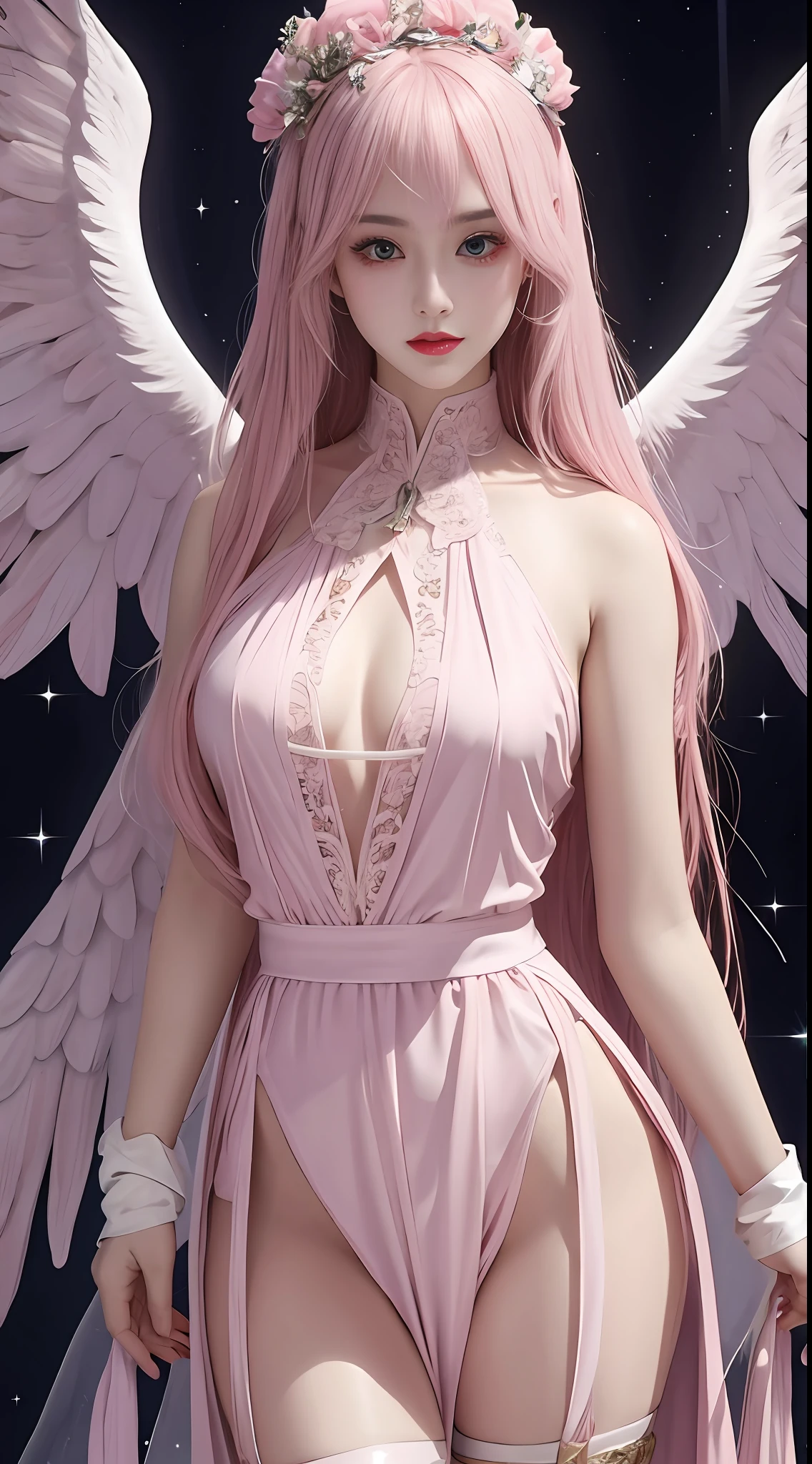 Ultra-realistic 8K CG, perfect face, perfect, clean, masterpiece, professional artwork, famous artwork, perfect face, beautiful face, beautiful eyes, pink cleric suit, lace, open brests, beautiful pink clothes, angel wings, delicate pattern, Fascinating, galactic space background, big moon in the back, flapping wings