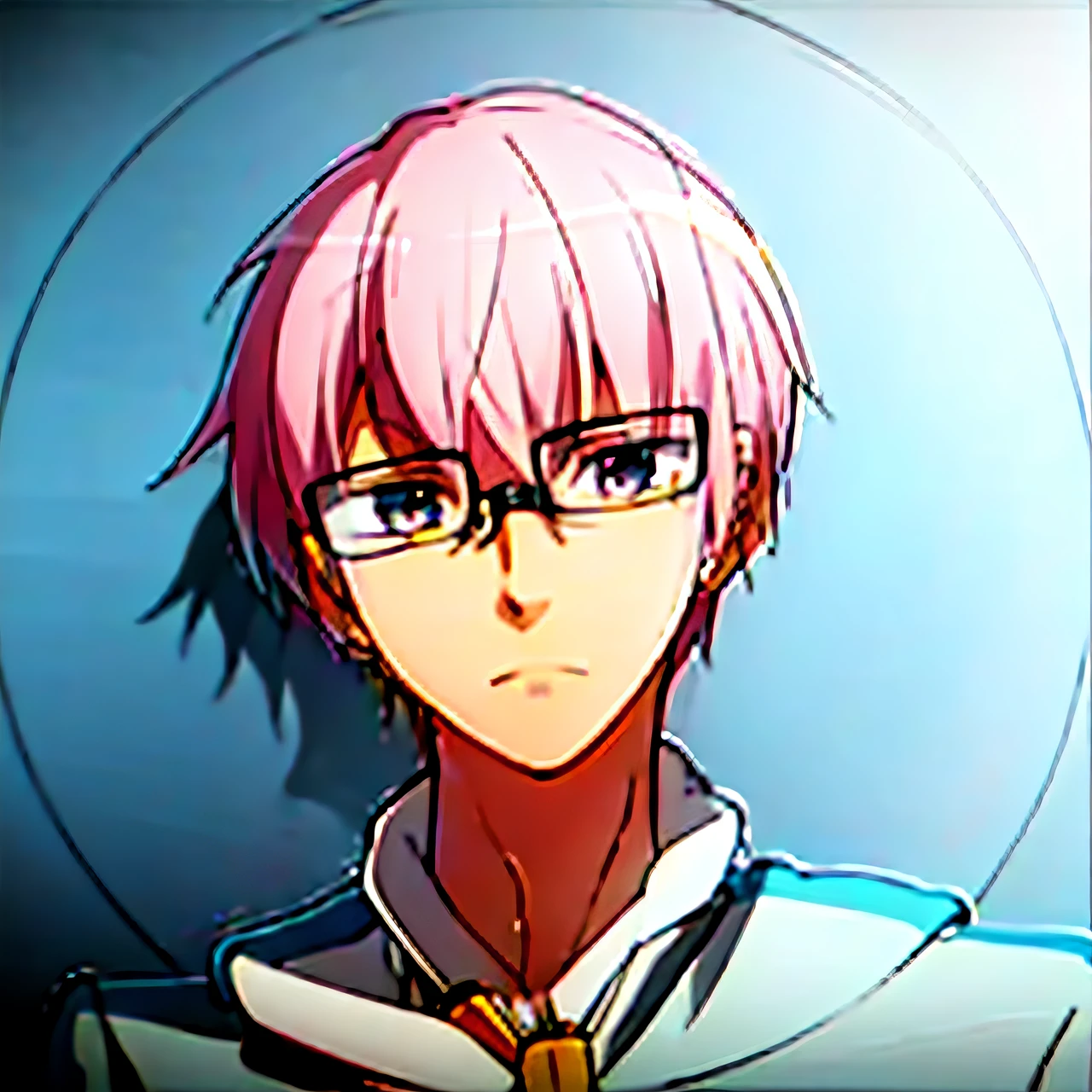 Close-up of a man with glasses and pink hair,as an anime character, 2 d anime style,