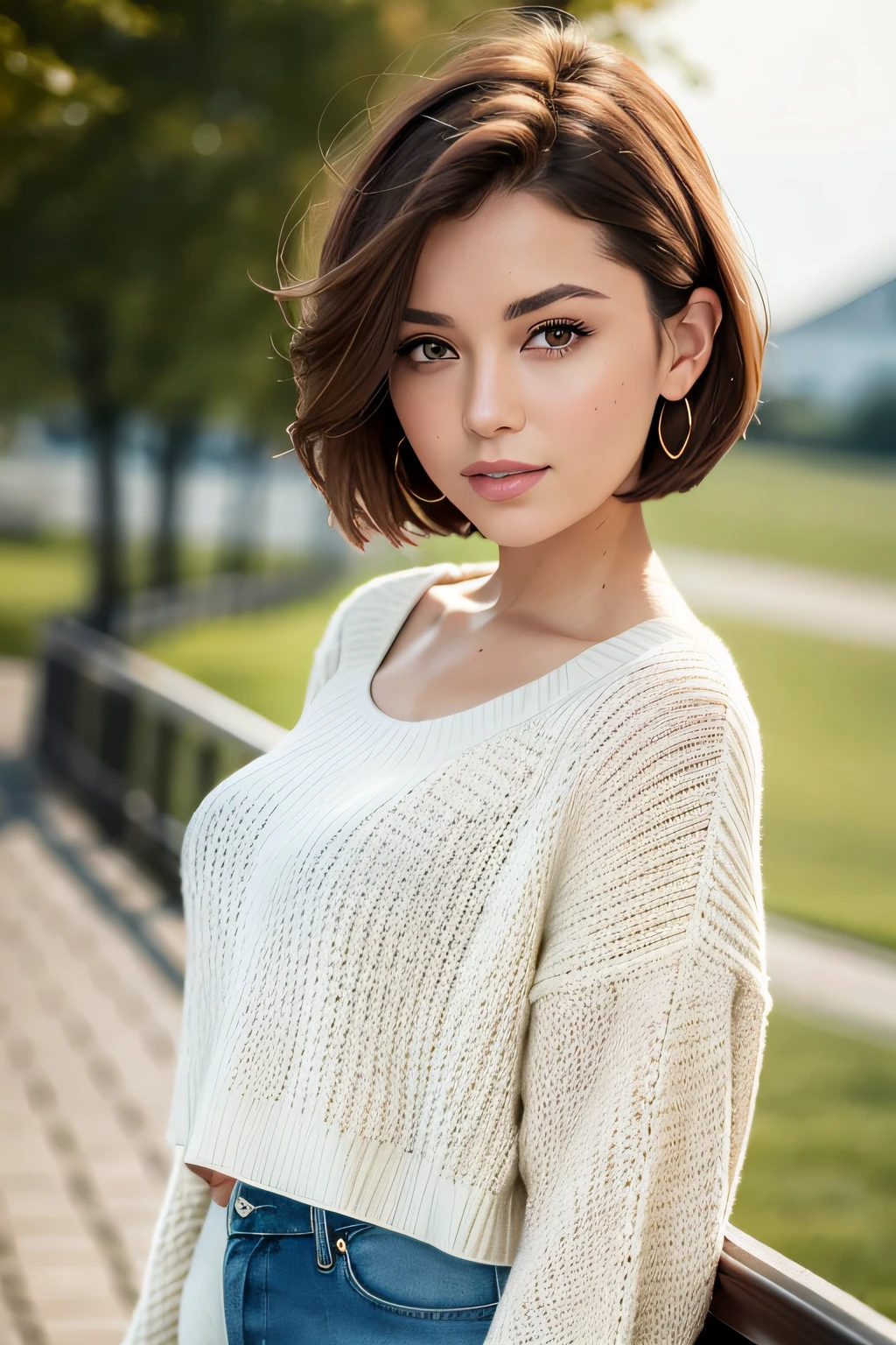 (best qualtiy,8k,32k,tmasterpiece,UHD:1.2),Beautiful European woman in the photo,Very short Bob hair,The upper part of the body,Full head,oversized_sweater,simple backgound,looking at viewert,
