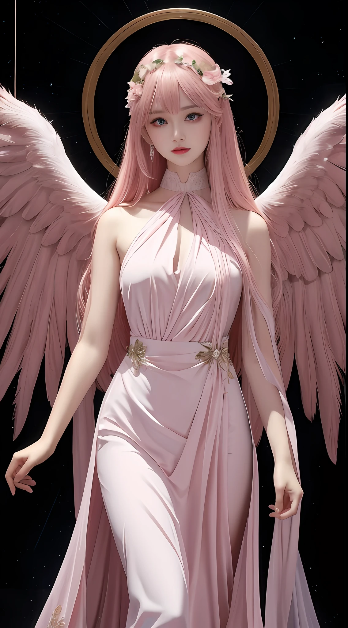 Ultra-realistic 8K CG, perfect face, perfect, clean, masterpiece, professional artwork, famous artwork, perfect face, beautiful face, beautiful eyes, pink cleric suit, lace, open brests, beautiful pink clothes, angel wings, delicate pattern, Fascinating, galactic space background, big moon in the back, flapping wings