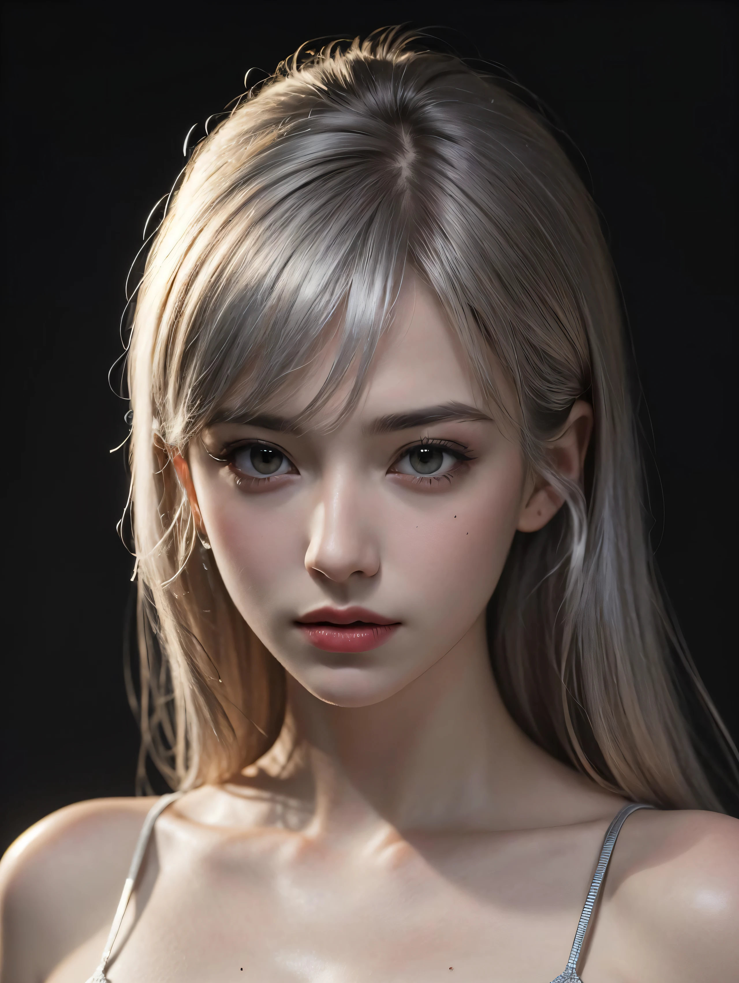 Best quality, masterpiece, ultra high res, (photorealistic:1.4), raw photo, 1girl, silver hair, shiny skin, dramatic lighting