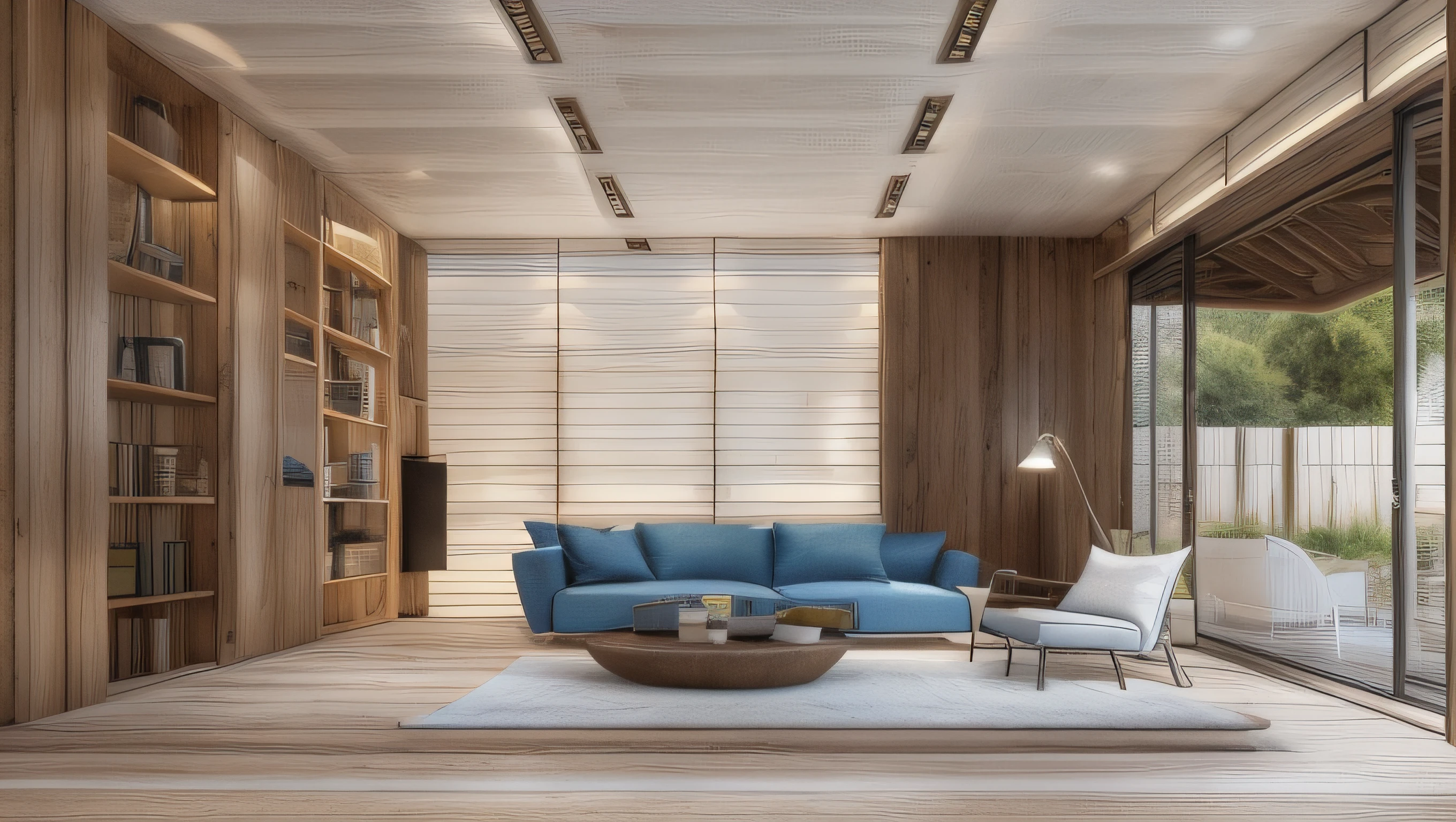 (Multi-storey villa),floor to ceiling window,Wooden wallcovering,Metal construction,Ultra-minimalist style,with blue sky and white clouds,Outdoor light,ultra-wide-angle,rays of sunshine,tmasterpiece,A high resolution,8K