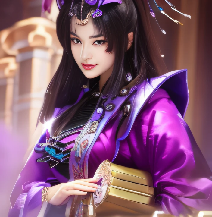 Close up portrait of woman in purple dress holding box,