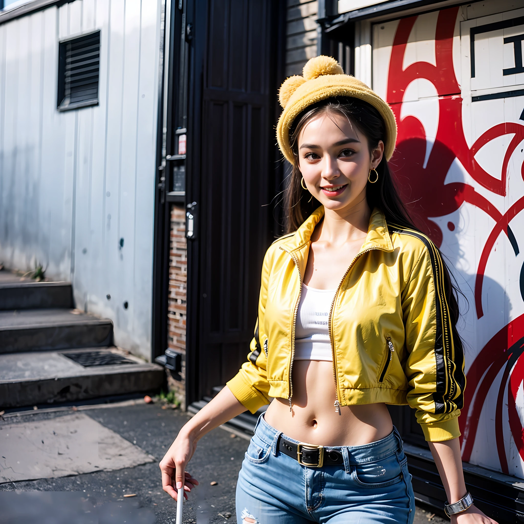 Original Character, Volumetric Lighting, Best Shadows, Shallow Depth of Field, Portrait Of Stunningly Beautiful Girl, Petite, Delicate Beautiful Attractive Face With Alluring Yellow Eyes, Messy Painted Face, Sharp Eyebrows, Broadly Smiling, Open Mouth, Fangs Out, Lovely Medium Breasts, Layered Long Twintail Blond Hair, Blush Eyeshadow, Thick Eyelashes, Applejack Hat, Oversized Pop Jacket, Mini Underboob Tee, Open Navel, Slim Waist, Denim Jeans Pants, With Buckle Belt, In The Graffiti Alley, Waste Container, Outside Stairs, Outdoor Unit, Holding Spray Paint Can, Standing, (Highest Quality, Amazing Details:1.25), (Solo:1.3), Brilliant Colorful Paintings