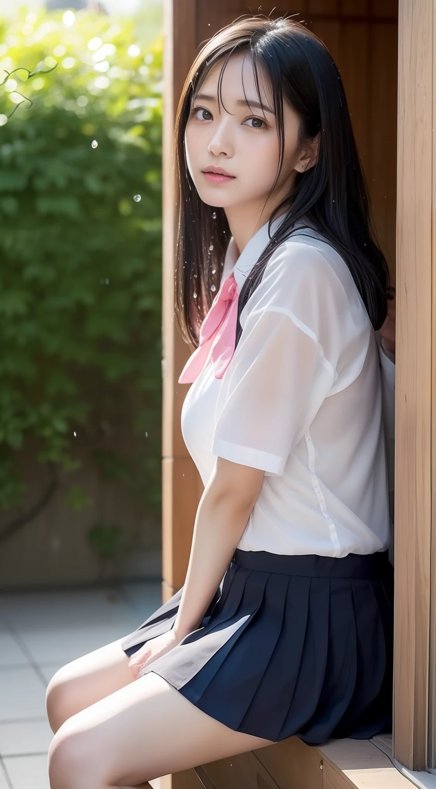 (((Top image quality、8K、1人の女性)))、japanes、((The whole body is visible、clothes wet))、独奏、1 female、A woman is photographed alone、cute little、ren、Beautuful Women、Beautie、Double eyelids、full body Esbian、1:3、((Wearing a uniform))、Shoes are also in the photo、dark sky、rain is falling、夏天、Plum rain、shortsleeves、The face is orderly、japanes、(Pink underwear with a faint sheer feeling)、Sheer in a white shirt、short white sleeves、wearing skirt、Hair is wet、More transparent shirt、((shelter、rain is falling))、NSFW、posterior view、(Turning around)、Sit with your legs bent、Breasts are big、Next door