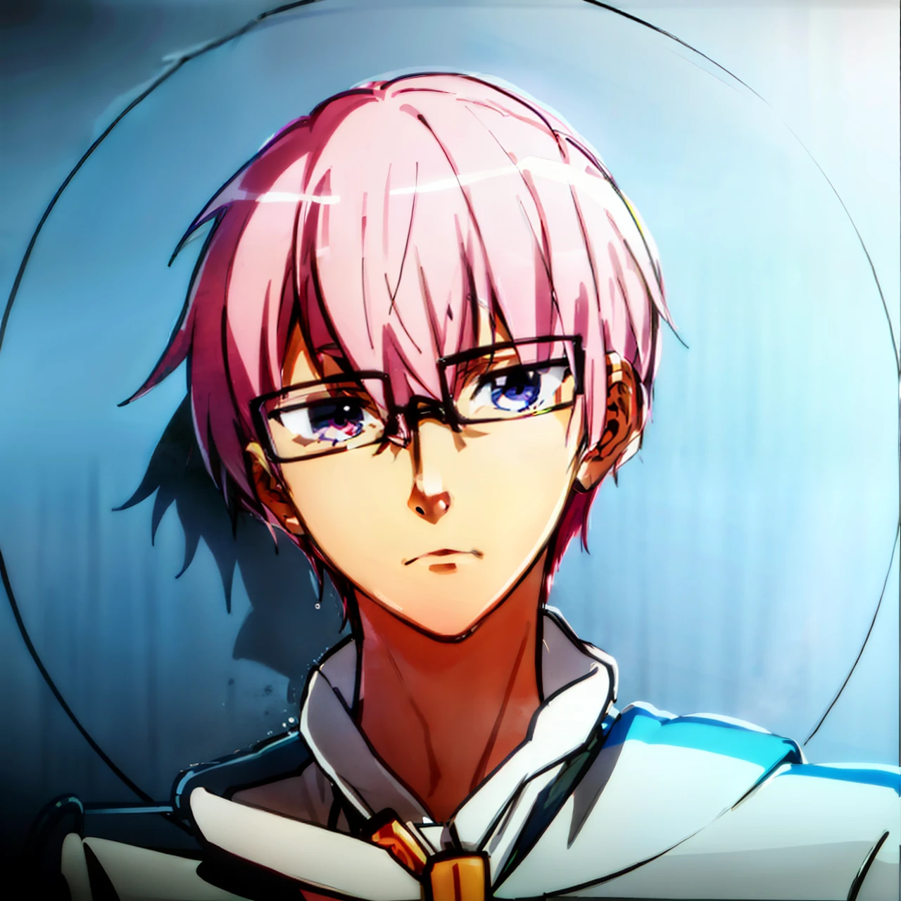 Close-up of a man with glasses and pink hair,as an anime character, 2 d anime style,