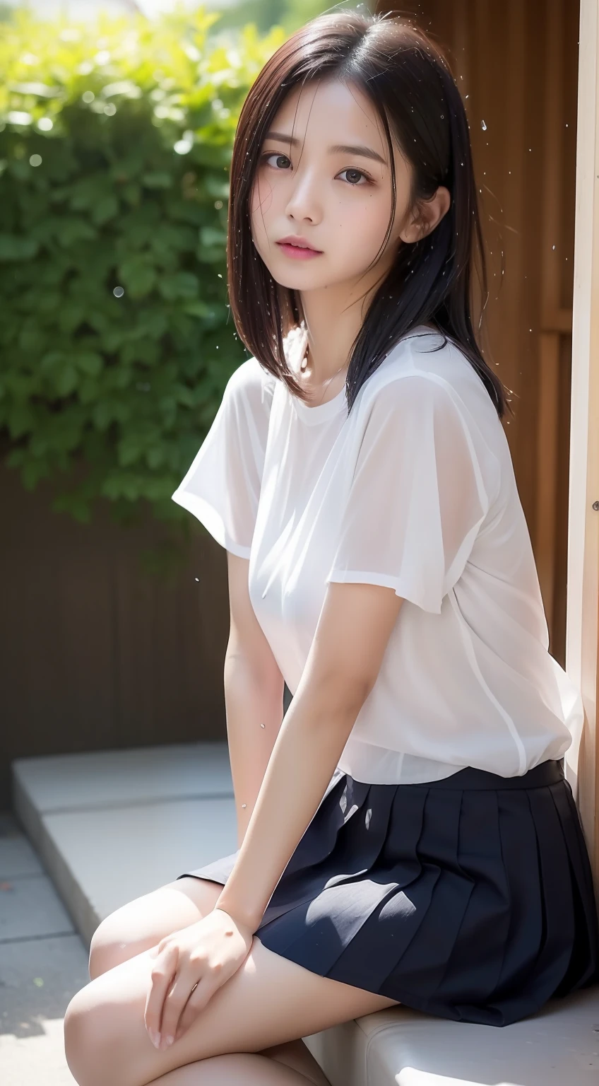 (((Top image quality、8K、1人の女性)))、japanes、((The whole body is visible、clothes wet))、独奏、1 female、A woman is photographed alone、cute little、ren、Beautuful Women、Beautie、Double eyelids、full body Esbian、1:3、((Wearing a uniform))、Shoes are also in the photo、dark sky、rain is falling、夏天、Plum rain、shortsleeves、The face is orderly、japanes、(Pink underwear with a faint sheer feeling)、Sheer in a white shirt、short white sleeves、wearing skirt、Hair is wet、More transparent shirt、((shelter、rain is falling))、NSFW、posterior view、(Turning around)、Sit with your legs bent、Breasts are big、Next door