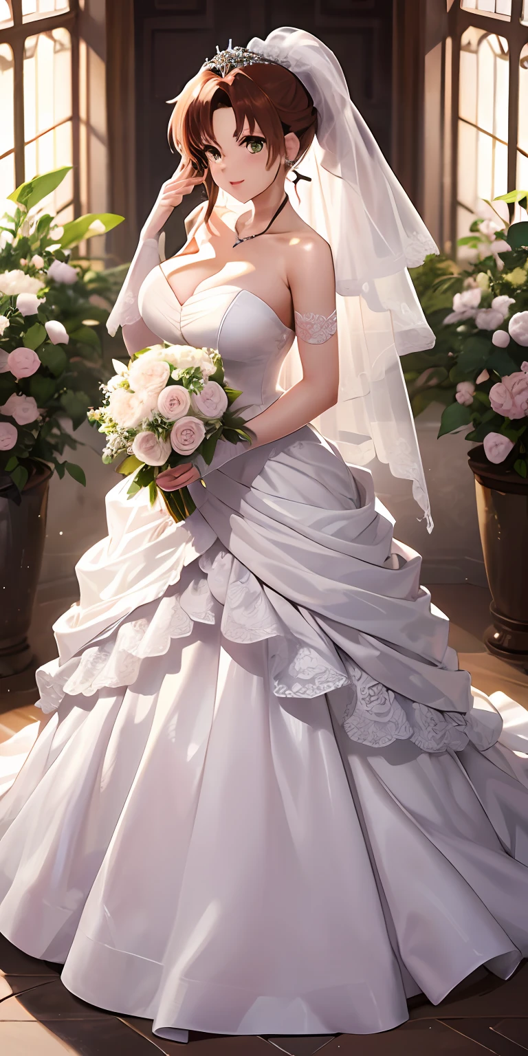 tmasterpiece, best qualtiy, A high resolution, Jupiter 1, 1 rapariga, 独奏, low angles, the sailor jupiter, Makoto Kino, red brown hair, magical little girl, Green eyes, white panties, pony tails, Bridal head flower,Bridal tiara,(Bridal bandeau wedding dress:1.5),(Bridal silk dress:1.2),dress,necklace,earring,huge tit,Neck ornaments,Deep V peach heart collar wedding dress,Liuhai,Bouquet,mitts,Bridal veil,Transparent veil,Bust photo,(Strapless wedding dress:1.5),Dress color:white colors