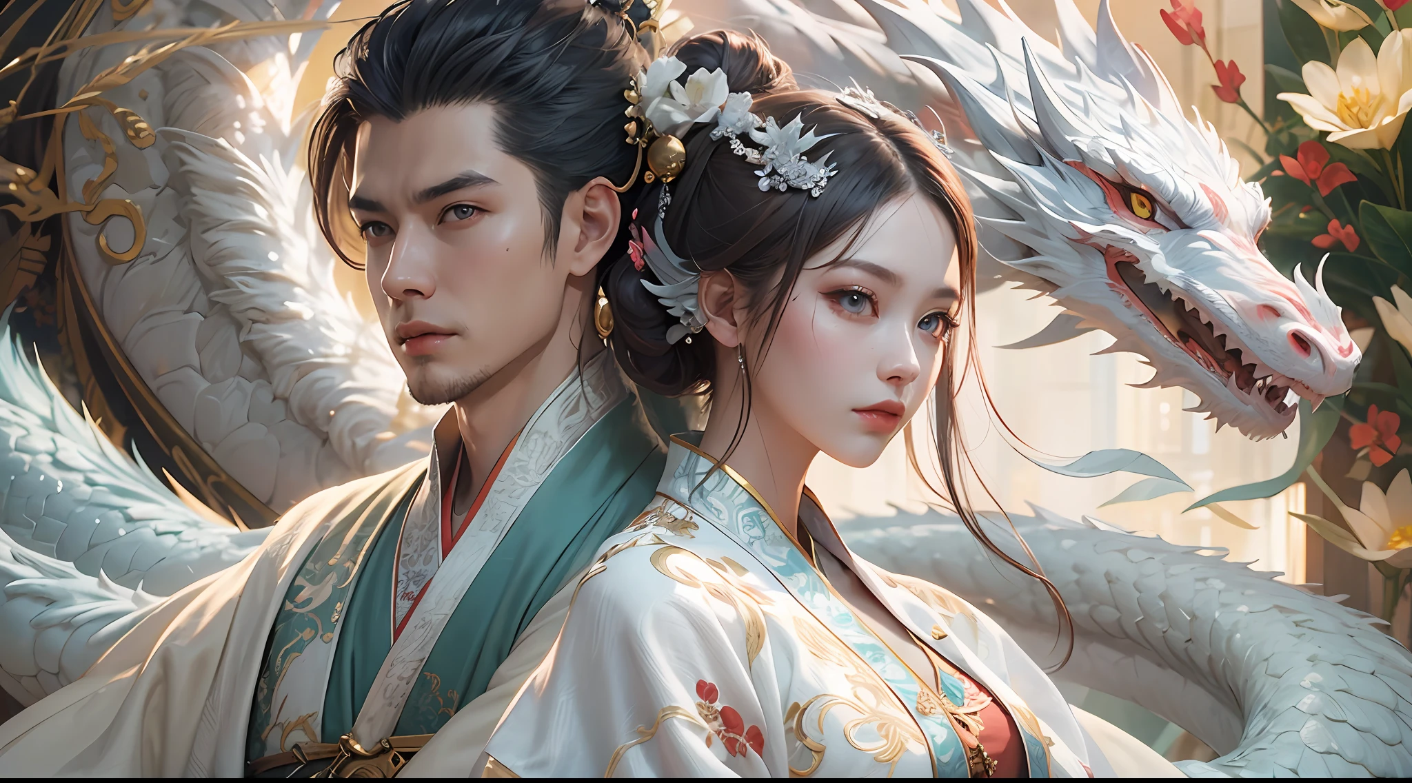 Close-up of a young couple wearing a white dragon dress on their heads，Chinese fantasy，beautiful digital artworks，Ross Tran 8 K，xianxia fantasy，Fenghua Bell，Chinese style，Dragon-inspired cloth robe，Ross Tran和Wlop，