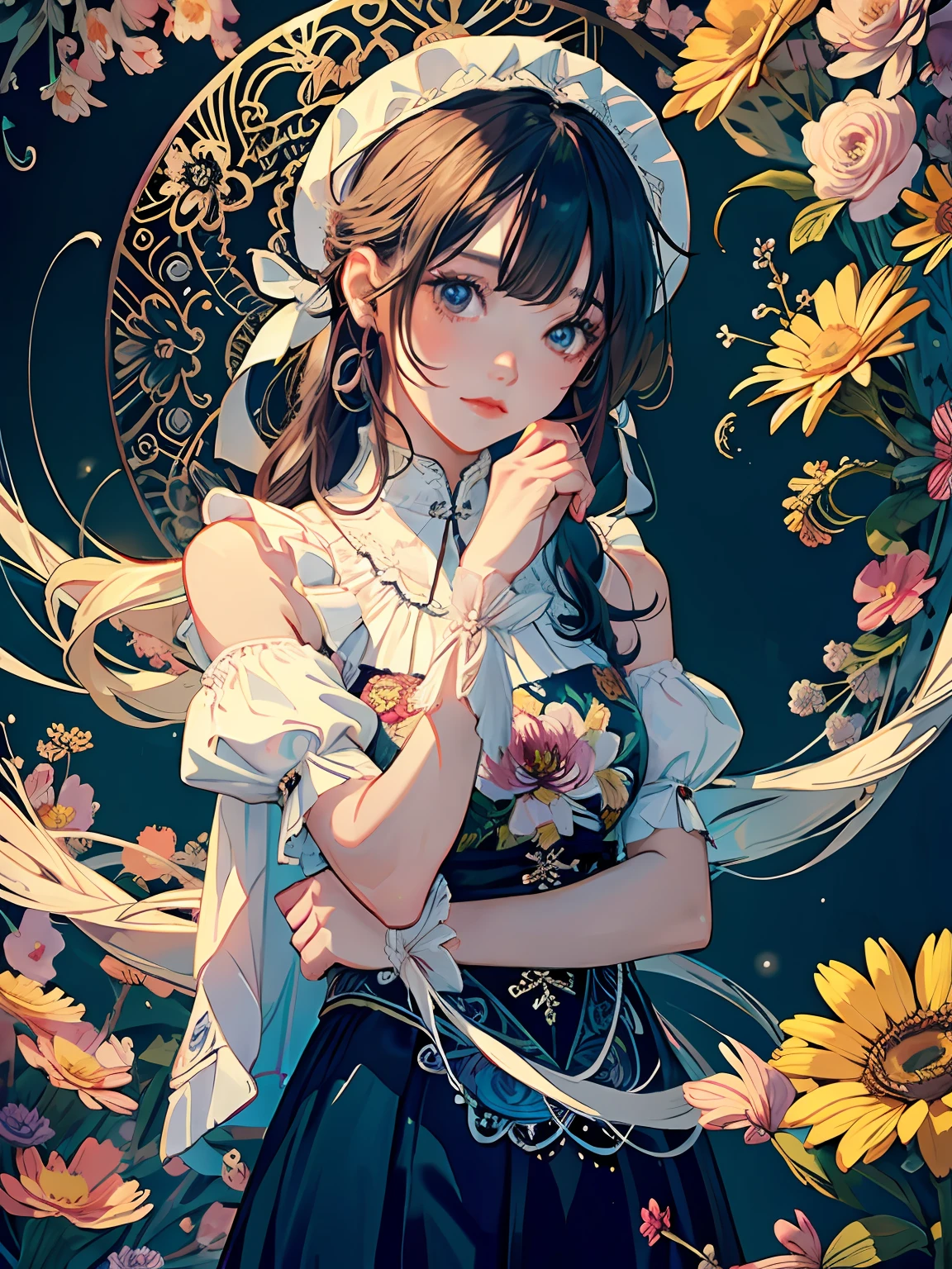 girl with, Official art, Unity 8k Wallpapers, ultra-detailliert, Beautifully Aesthetic, Beautiful fece, masterpiece, top-quality, (Zentangle, a Mandala, Tangles, Entanglement), (ecstasy of flower:1.2), dynamic ungle, cowboy shot, Most Beautiful Form of Chaos, elegent, Brutalist design, vivd colour, romanticism, Atmosphere
