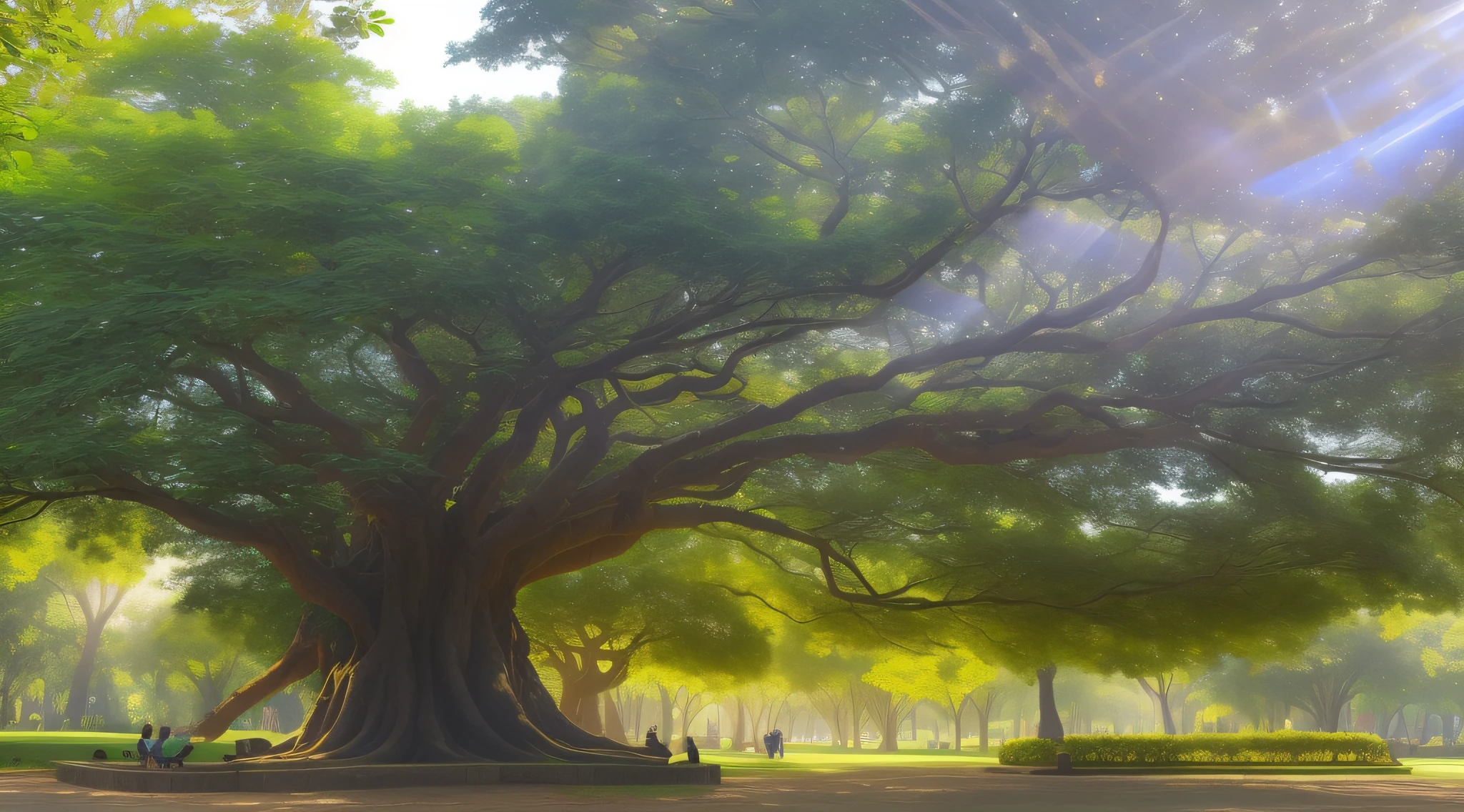 There is a banyan tree in the middle of the park, huge central tree, central tree, some sunlight ray, under the soft shadow of a tree, some sun light ray, Sunlight - Light that passes through the canopy of trees, nature growing around the city, A beautiful tree, afternoon sunlight, sunlight beaming down, sunny day time, On a sunny day, Light shining through,Ultra-realistic photos,8K UHD,真实感,high high quality,filmgrain,Fujifilm XT3,high definition detail, hyper-detailing,iintricate,high detal,sharp fokus,dramatics,Realistic painting art