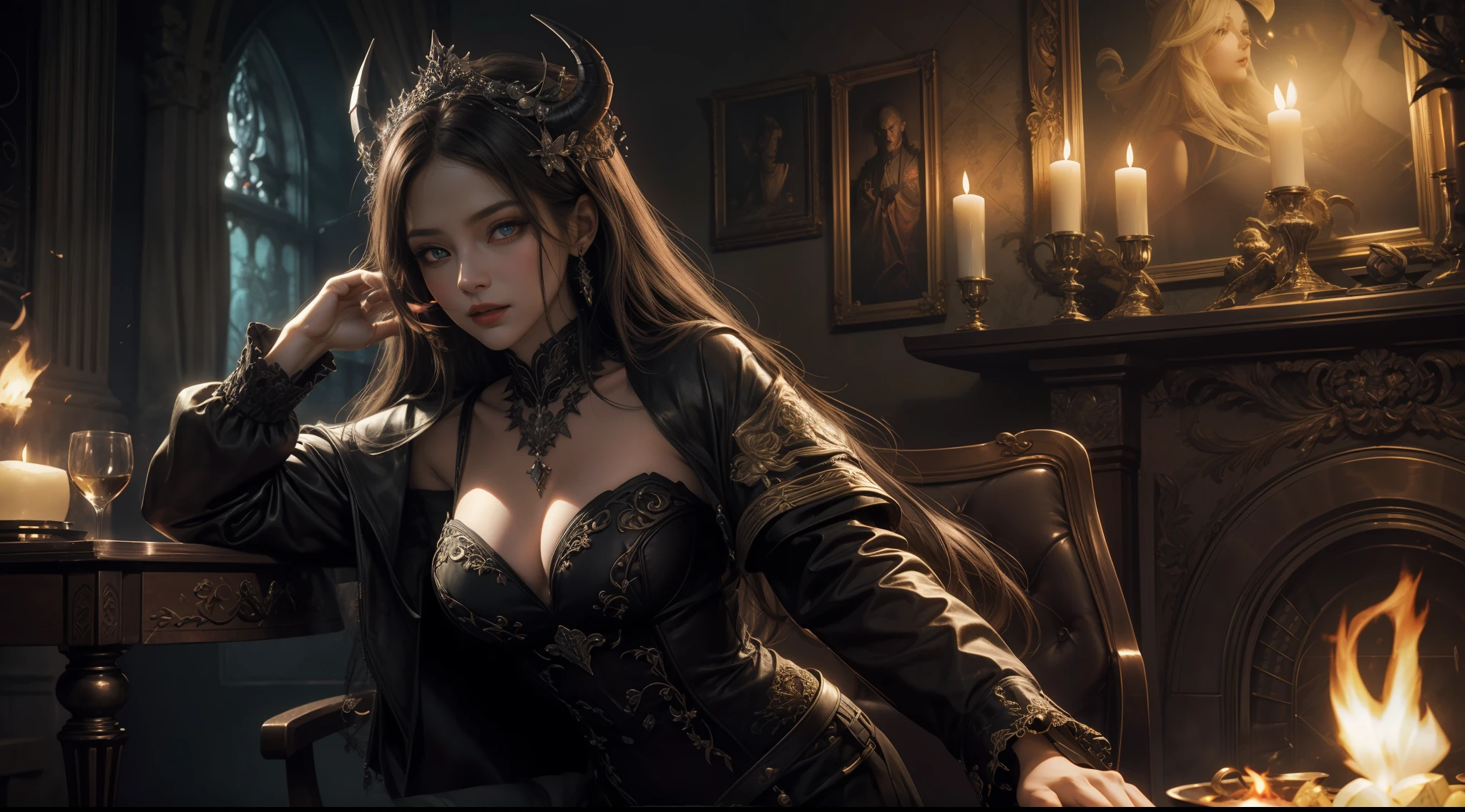 (Extremely detailed Cg Unity 8K wallpaper,Masterpiece, Best quality, Ultra-detailed, Beautiful detailed eyes:1.2),Best illumination, (Best shadow, An extremely delicate and beautiful, full bloom), Mature woman,Vampires,Large breasts,Leather clothes,complex patterns,magia,Film filter, Hellfire,full bodyesbian,demon,Flame,palaces,dramatics,dynamicposes,illusory engine, (High detail: 1.9),seele,crystal sphere,mystic symbols