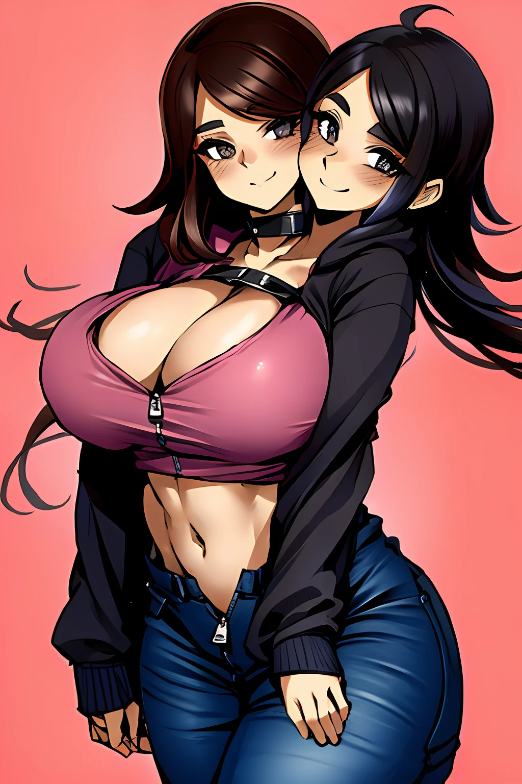 2heads, a short chubby woman with 2 heads. She has enormous fake augmented . Her breaststremely circular and perky. She has long brown hair. She is wearing an unzipped colorful baggy hoodie with nothing underneath. She is wearing jeans. She is outside in a village at night. She hasssive fake augmented breasts. She is s She looks punky. She is blushing. Her breasts are extremely hucircular.