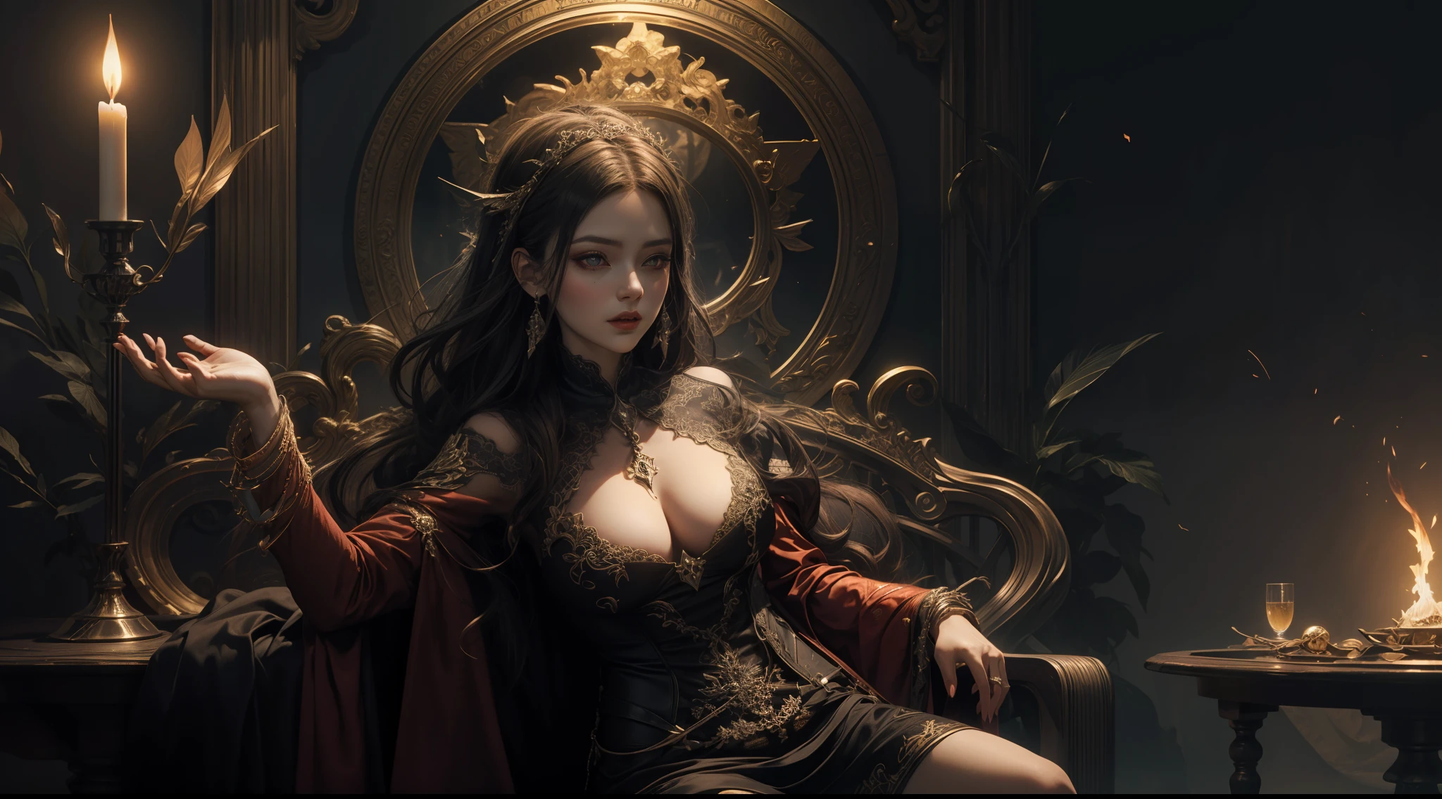 (Extremely detailed Cg Unity 8K wallpaper,Masterpiece, Best quality, Ultra-detailed, Beautiful detailed eyes:1.2),Best illumination, (Best shadow, An extremely delicate and beautiful, full bloom), Mature woman,Vampires,Large breasts,Leather clothes,complex patterns,magia,Film filter, Hellfire,full bodyesbian,demon,Flame,palaces,dramatics,dynamicposes,illusory engine, (High detail: 1.9),seele,crystal sphere,mystic symbols