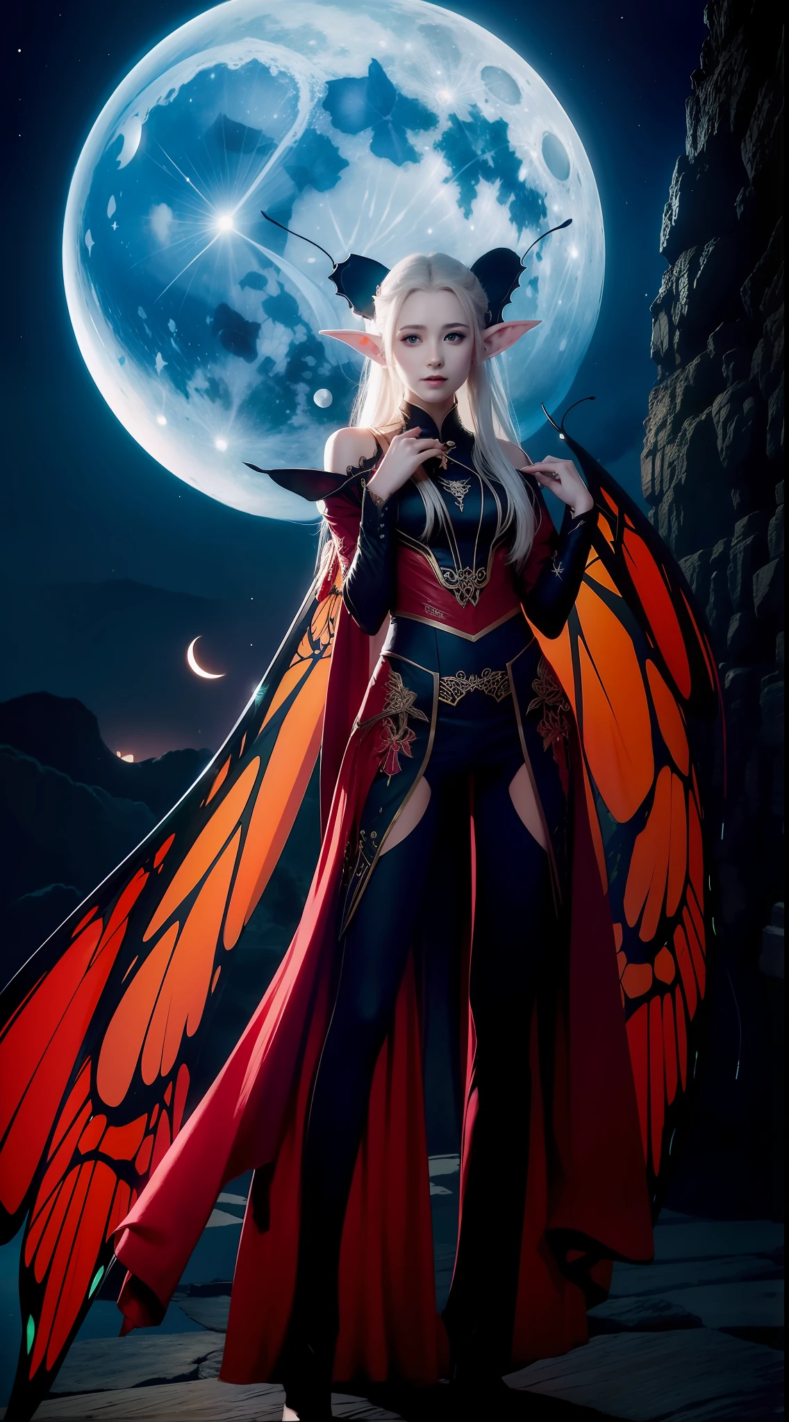 elvish ears，Red and black suit，Long legs，Colorful butterfly wings，Skysky，Moon，Fly hand in hand with girls