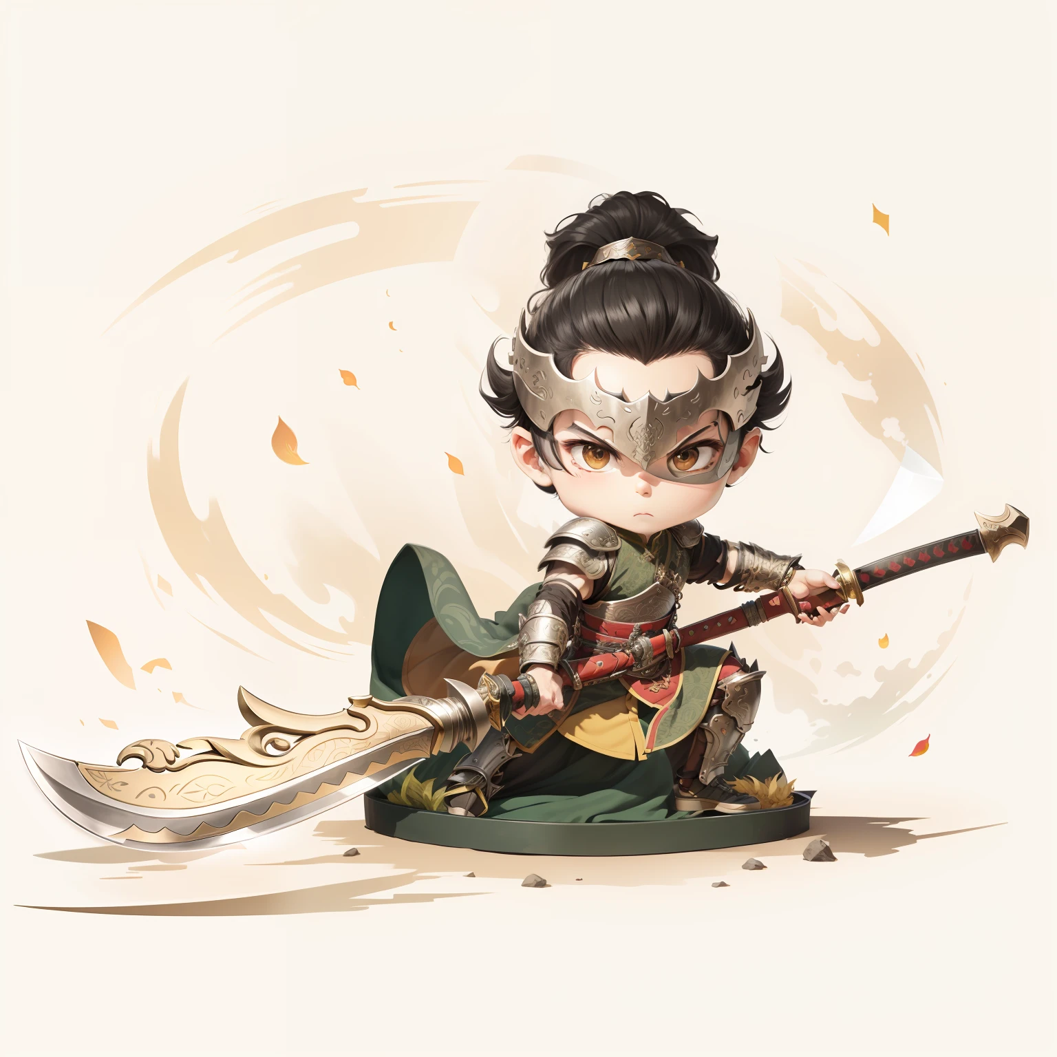 male people,Male characters,tchibi,Bad,Green Dragon Moon Knife,Big knife weapons,The handle has a delicate pattern,Shoulder blades,metal breastplate,chainmail,Animal pattern cuirass,chest plate,Bracers,Flowing hem,China-style,Chinese-style clothing,Chinese shoes,There are beautiful patterns on the weapon grips,Refinement,Fine painting,Refinement,infinite details,high definition detail,Delicate belt,Belt accessories,Male characters,Blindfolds,Black color hair,Patterned,Pattern,Blank background,Bright colors,Metal edging
