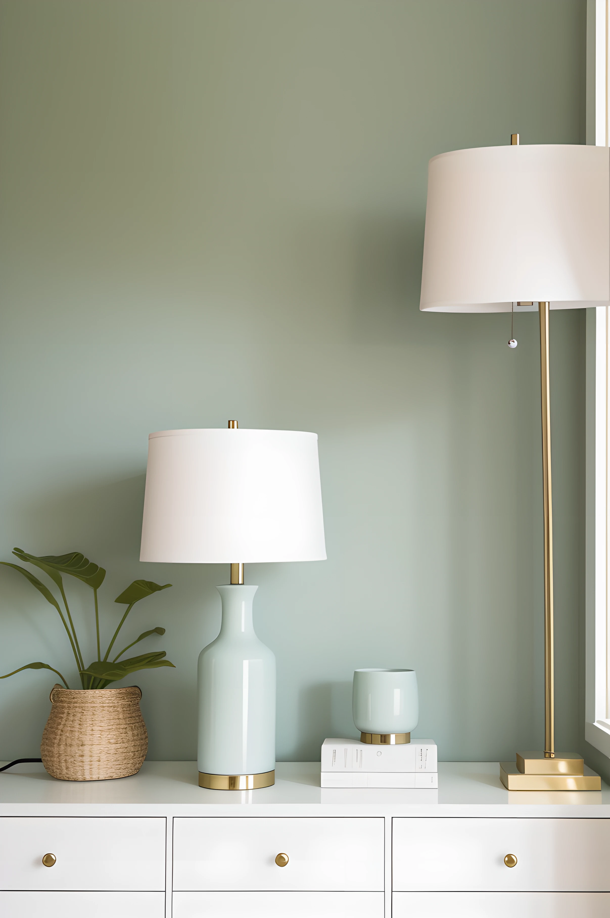 Close-up of two table lamps on the white dresser,Pale green walls,Bright sunlight shines in from the side through the windows,Bright surroundings,Detailed details,frontage,More real,high detal,Cool color style