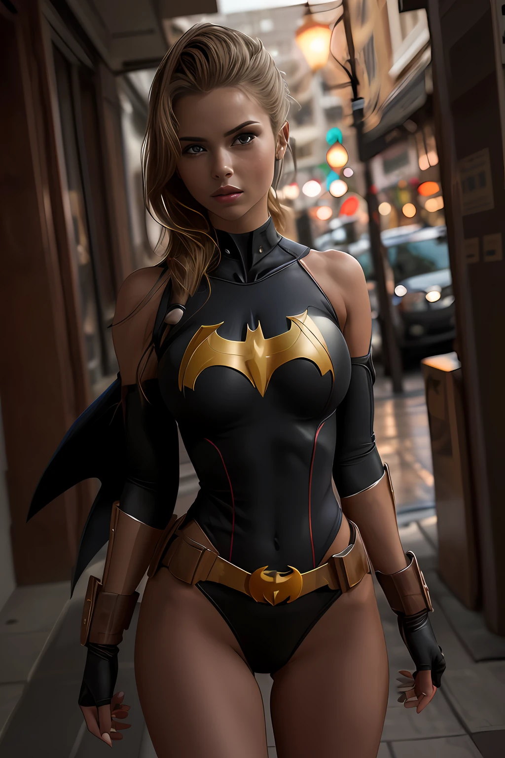 (Extremely detailed 8k wallpaper), a mid shot photo of batgirl, confident, sexy top, short top:1.2, calm, modern futuristic clothing, complex, highly detailed, and dramatic, cinematic lighting, bright scene, cameltoe:1.2, thigh gap, soft lights, large breasts:1.3, nsfw:1.2, fit girl, lean girl. dark gray clothes