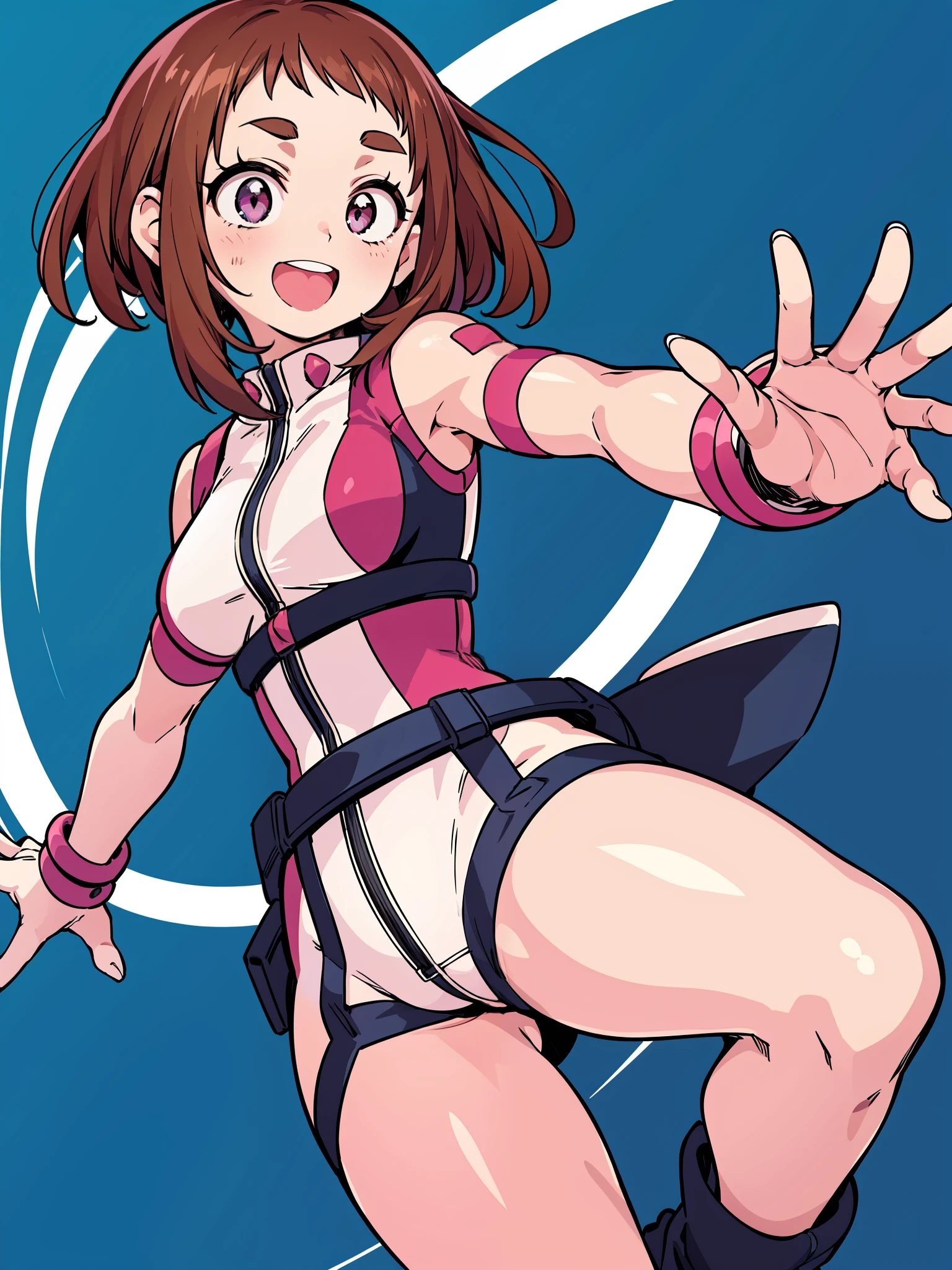 ochako uraraka, ochako, 1girl, solo, adesivos de blush, bodysuit, boca aberta, sorriso, seios, botas, fundo rosa, fundo simples, :d, olhando para o espectador, super hero, saltos altos, botas de salto alto, dentes, seios grandes, assinatura,