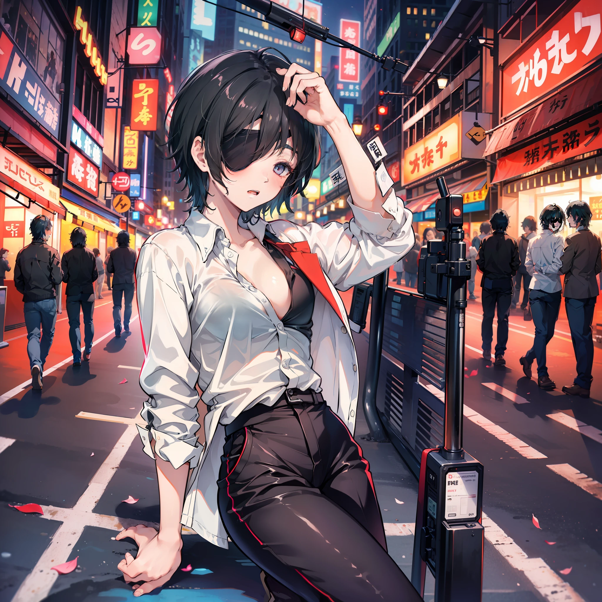 masterpiece, top-quality, hight resolution, hight resolution,high-level image quality,8k,1人の女性,1girl,独奏,Black eye patch,(Eye patch over left eye),A dark-haired,short-cut,Black suit pants,Fluffy shirt,Open shirt,White shirt,Downtown at night,Neon Street,Wandering,Blushing cheeks,Being drunk,Intoxication,full bodyesbian,Staggered foot,cowboy shot,Laugh drunk,